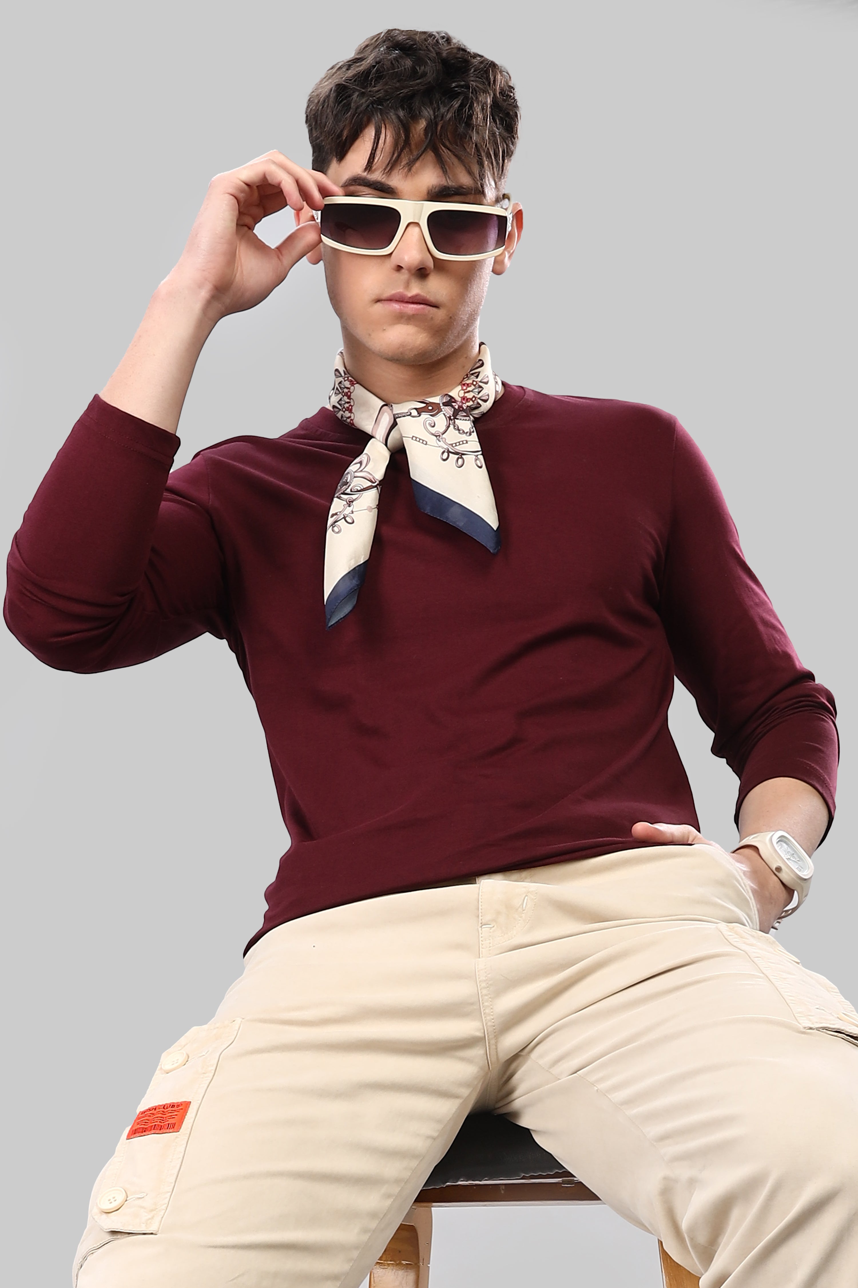 Burgundy Long Sleeve Crew Neck T-Shirt