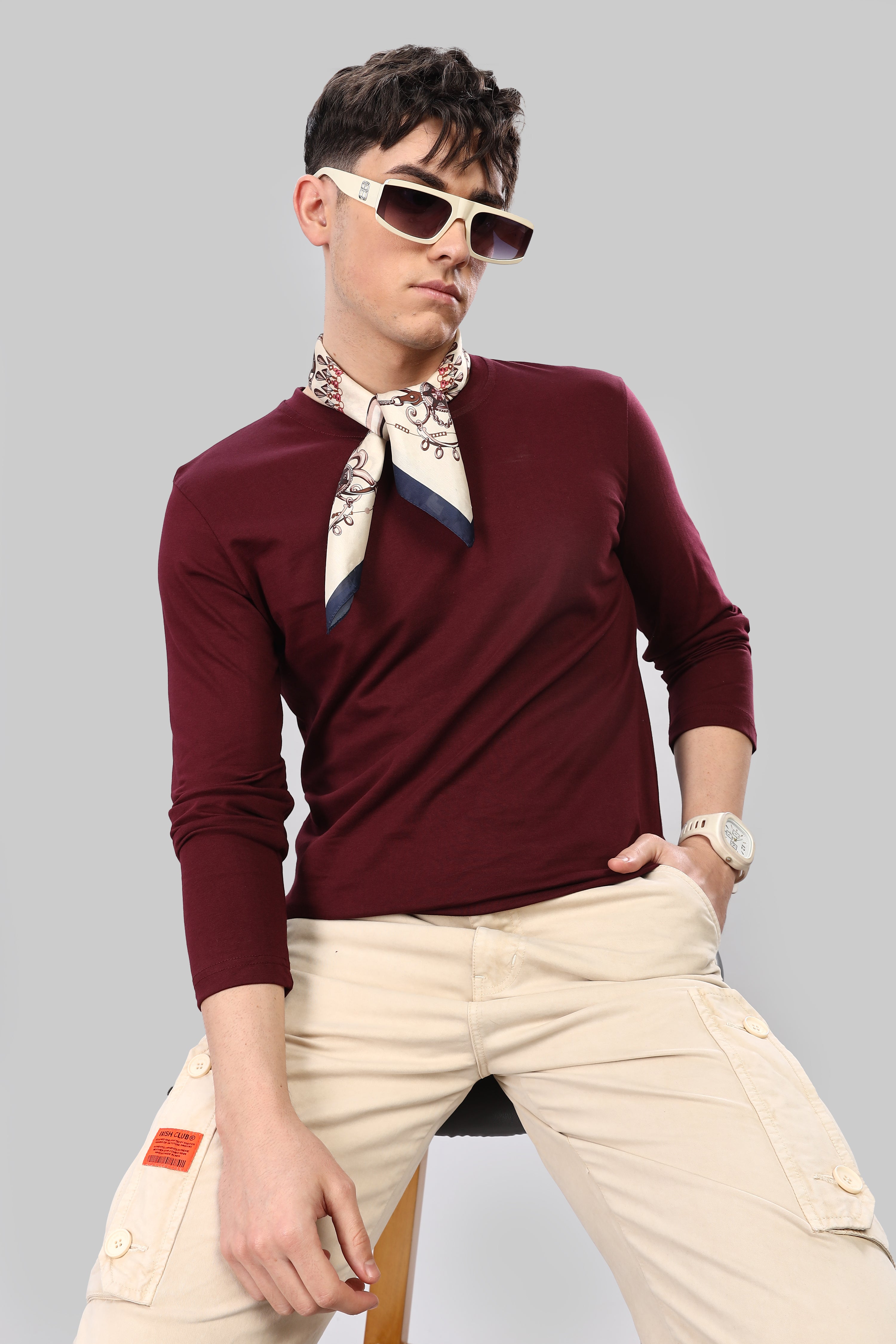 Burgundy Long Sleeve Crew Neck T-Shirt