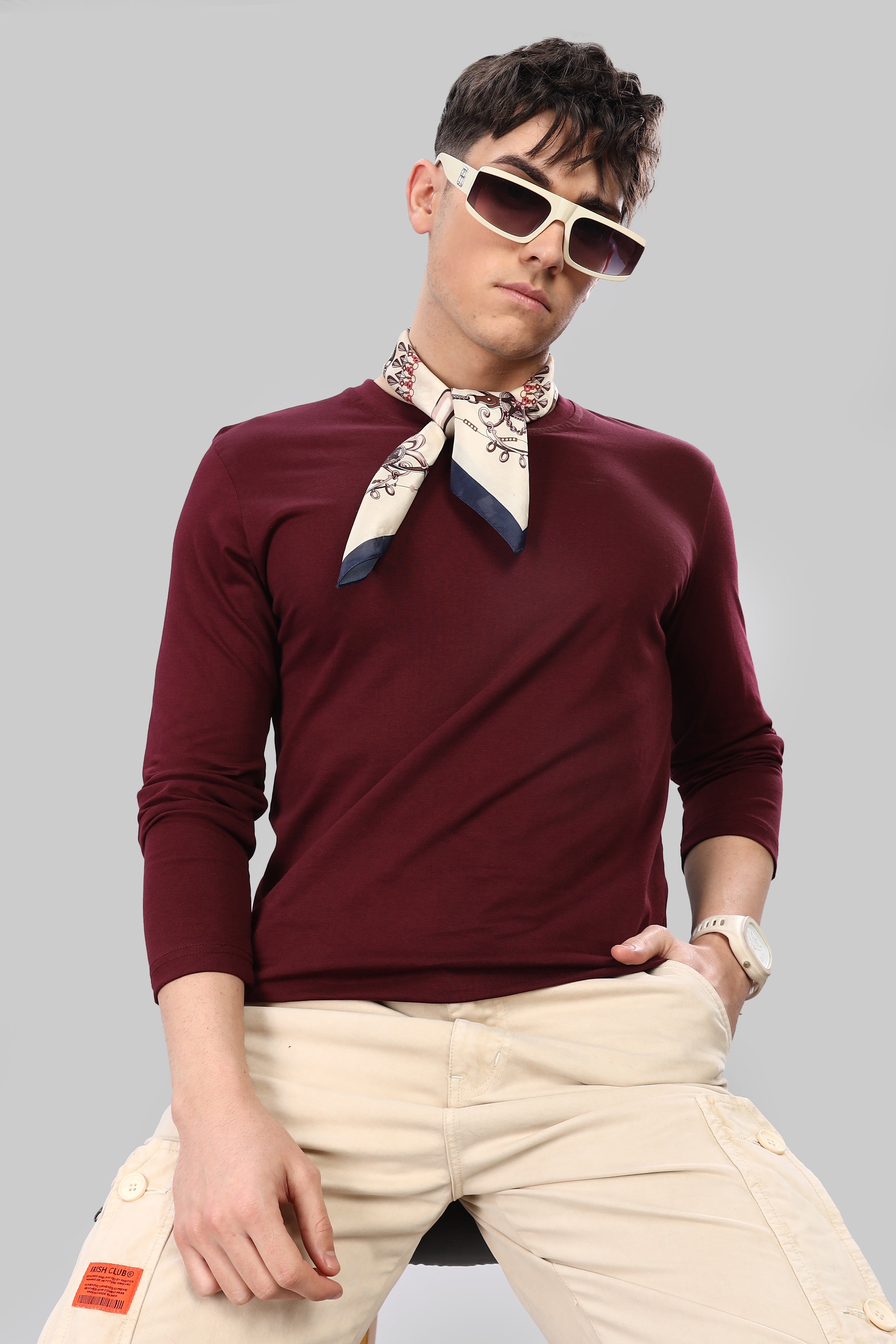 Burgundy Long Sleeve Crew Neck T-Shirt