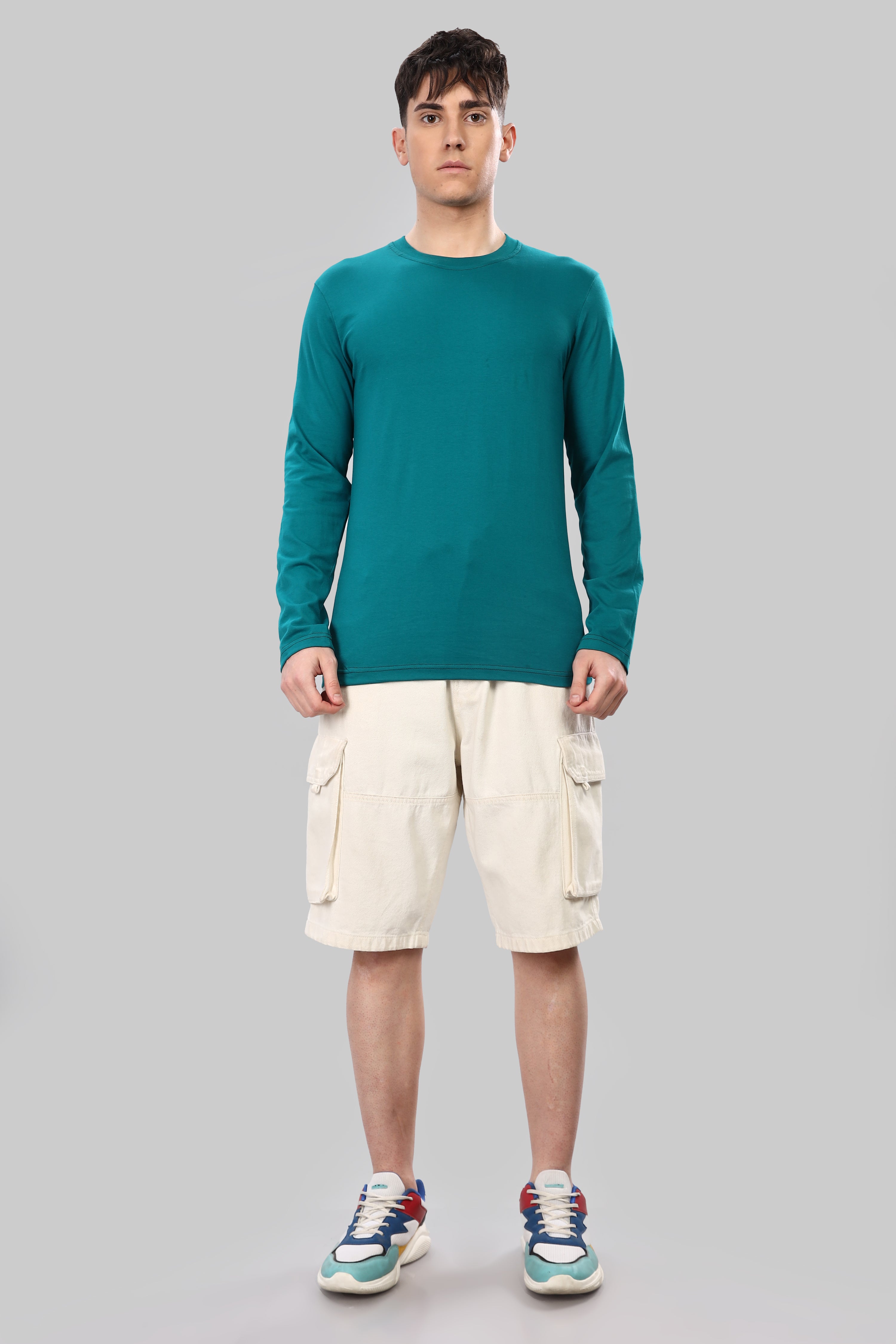 Peacock Blue Long Sleeve Crew Neck T-Shirt