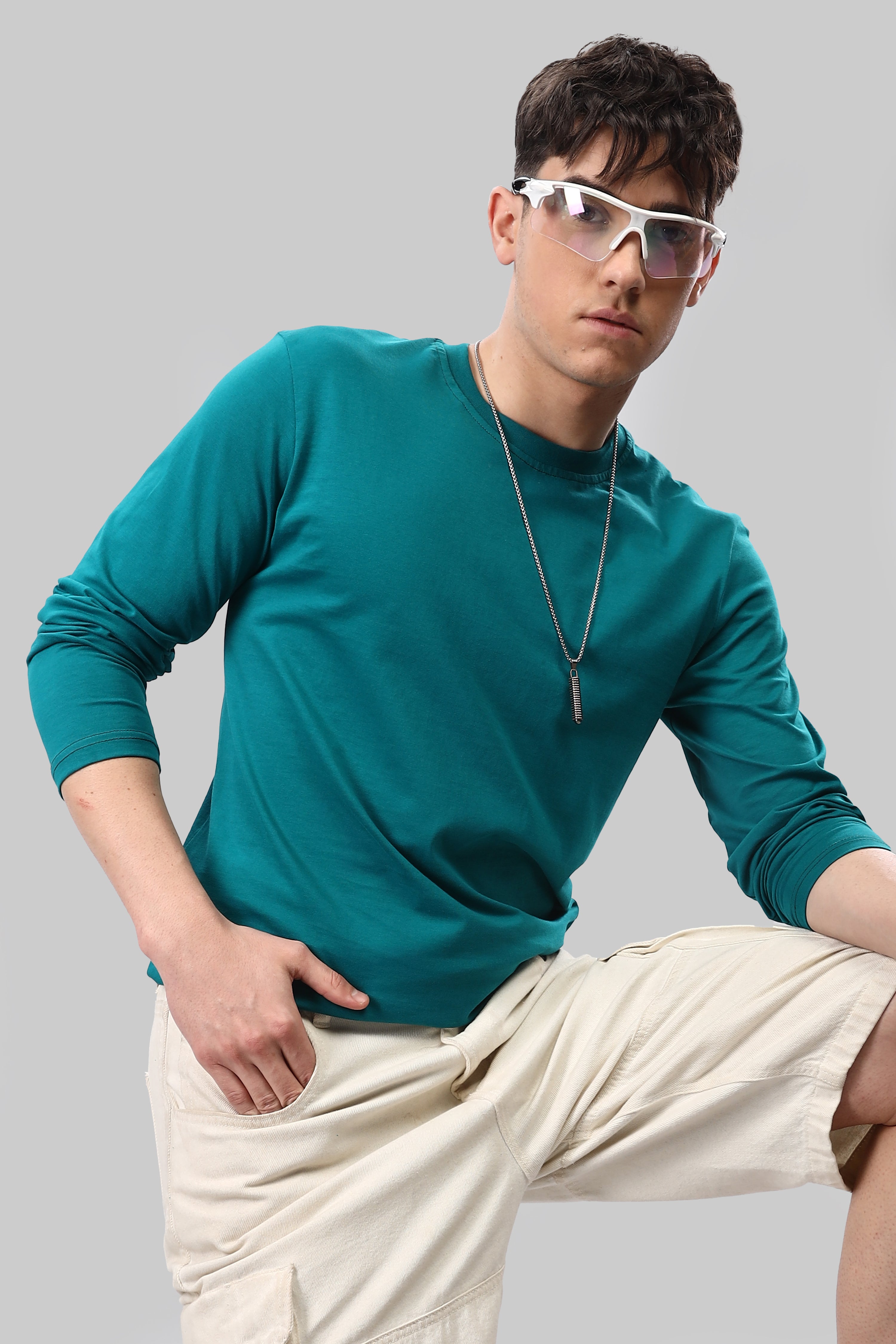 Peacock Blue Long Sleeve Crew Neck T-Shirt