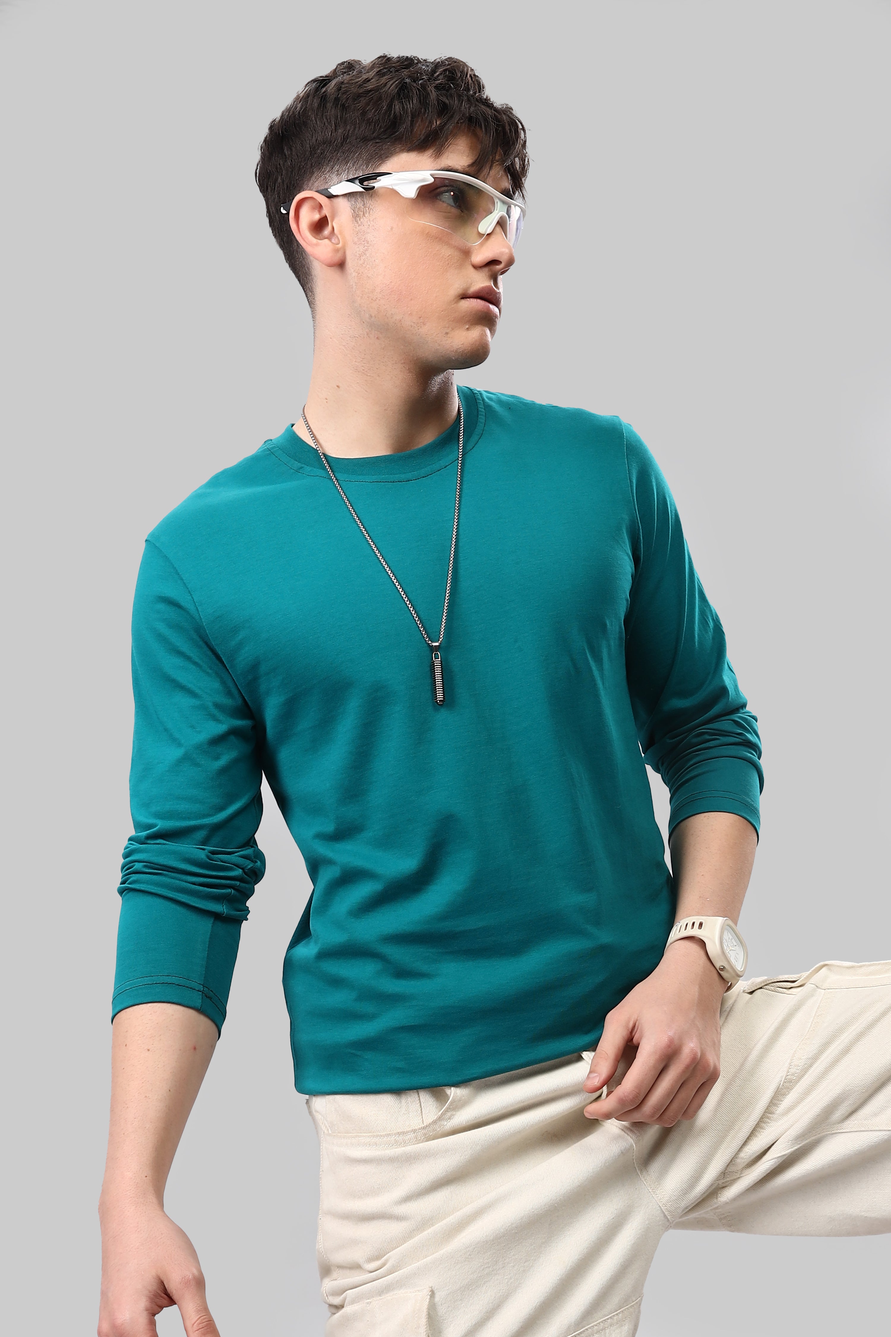 Peacock Blue Long Sleeve Crew Neck T-Shirt