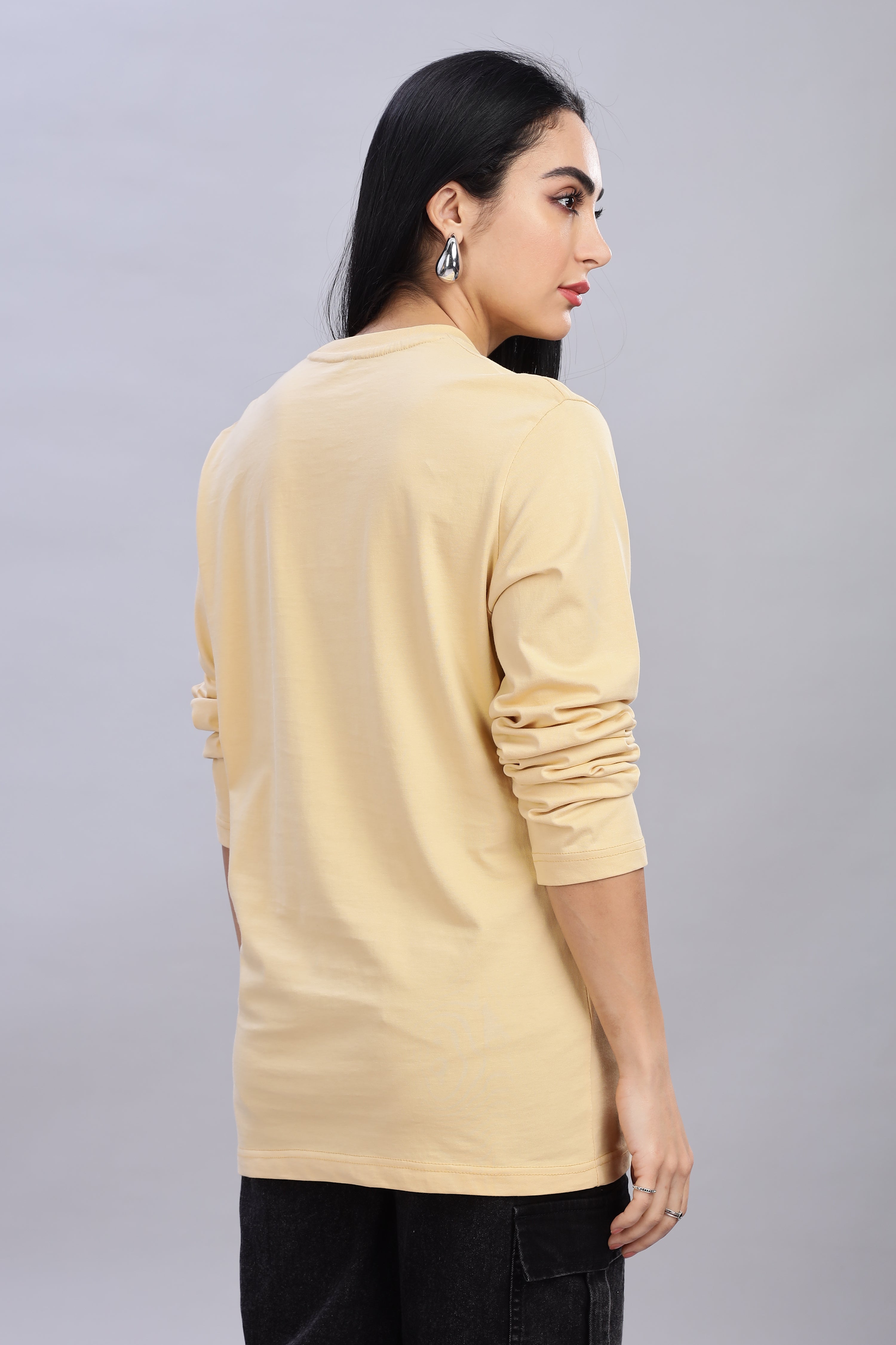 Cream Long Sleeve Crew Neck T-Shirt
