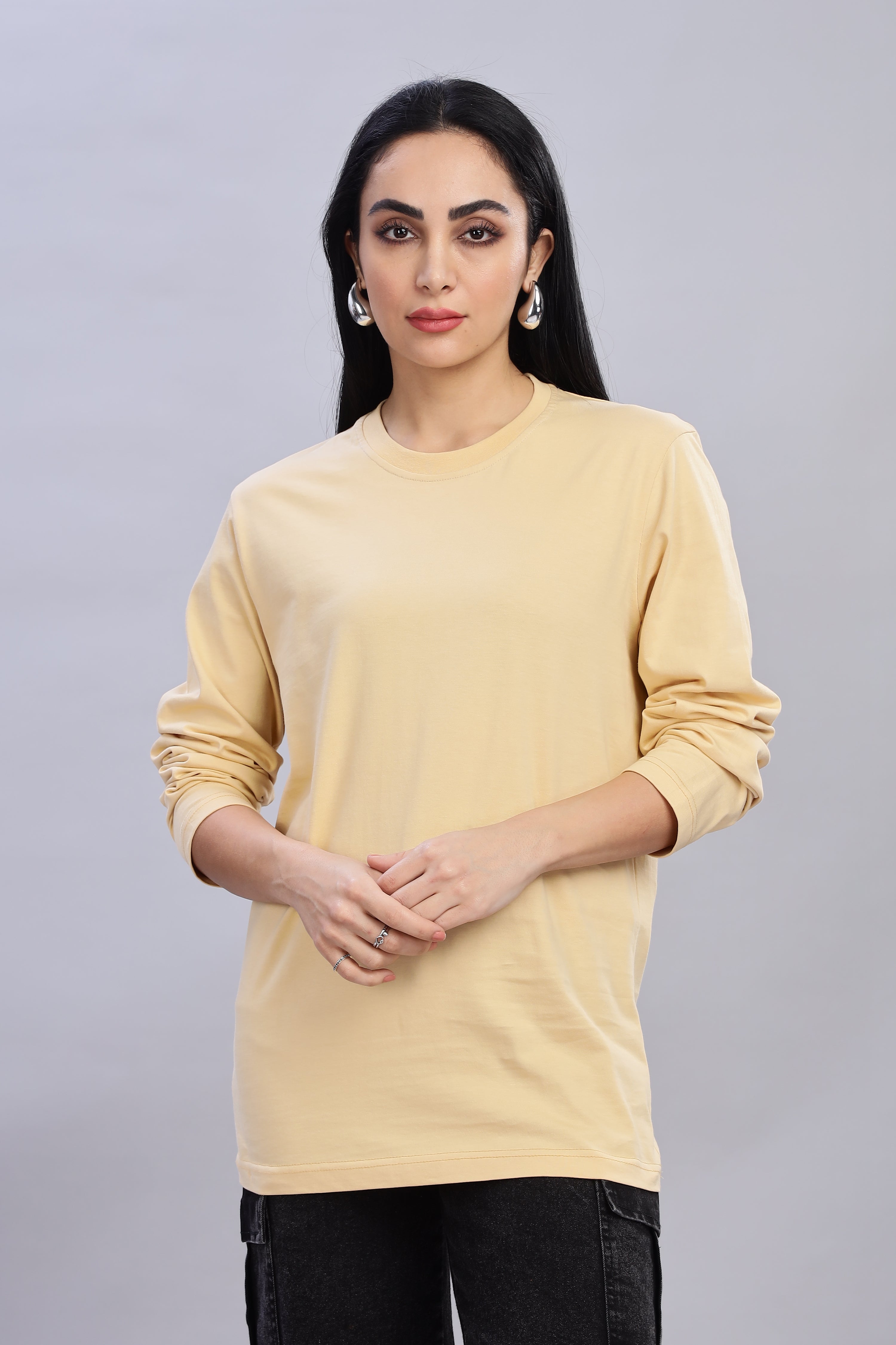 Cream Long Sleeve Crew Neck T-Shirt