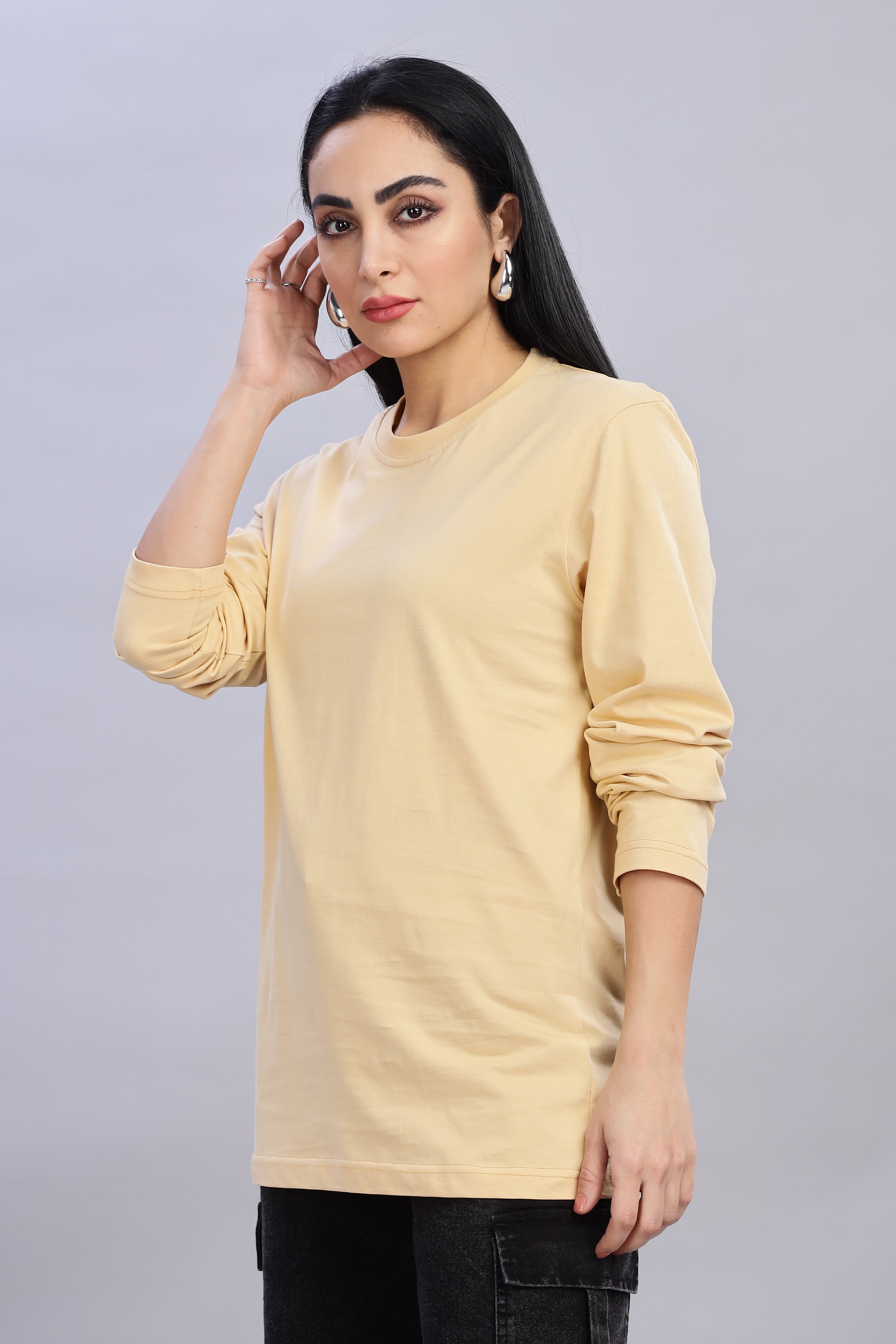 Cream Long Sleeve Crew Neck T-Shirt
