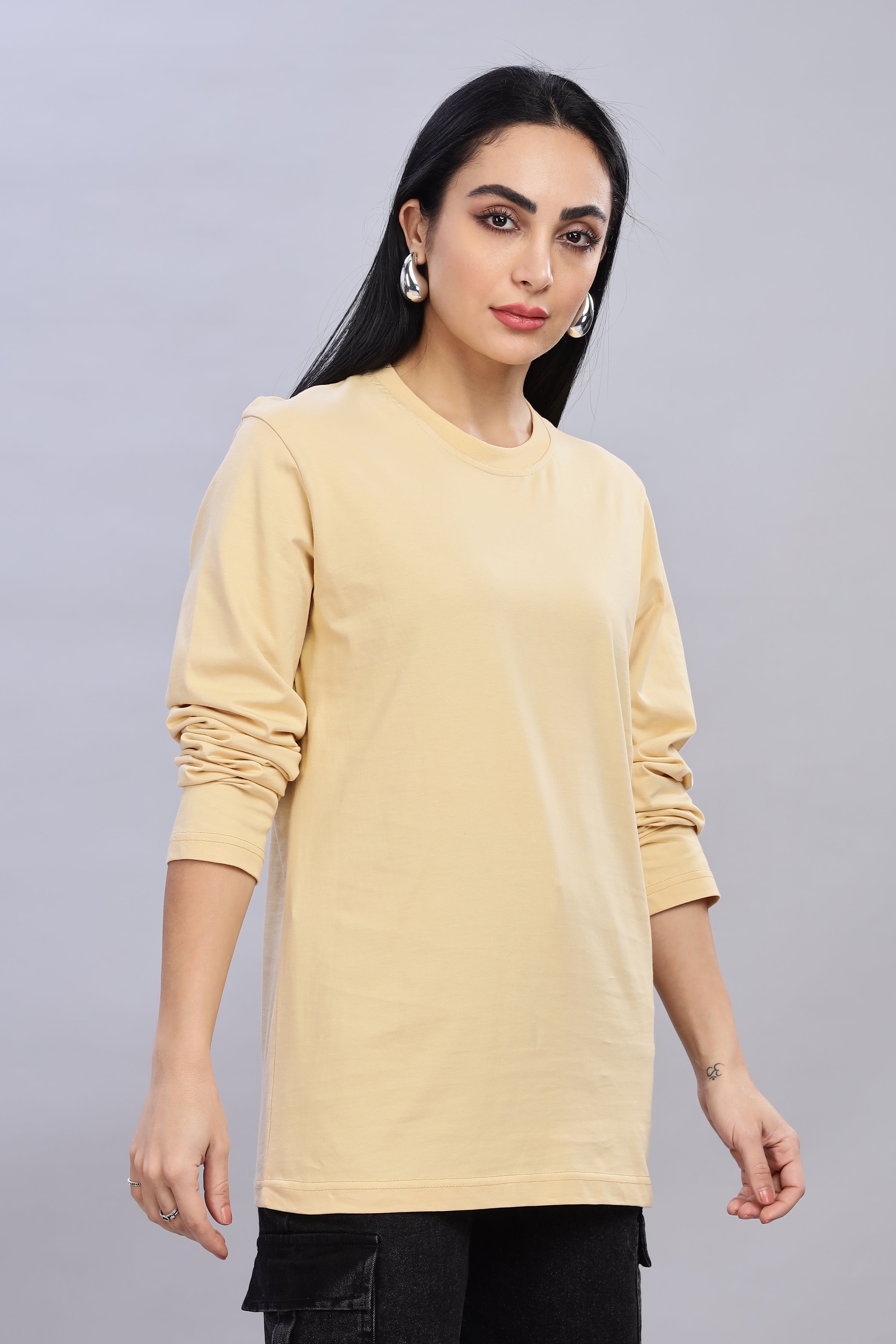 Cream Long Sleeve Crew Neck T-Shirt