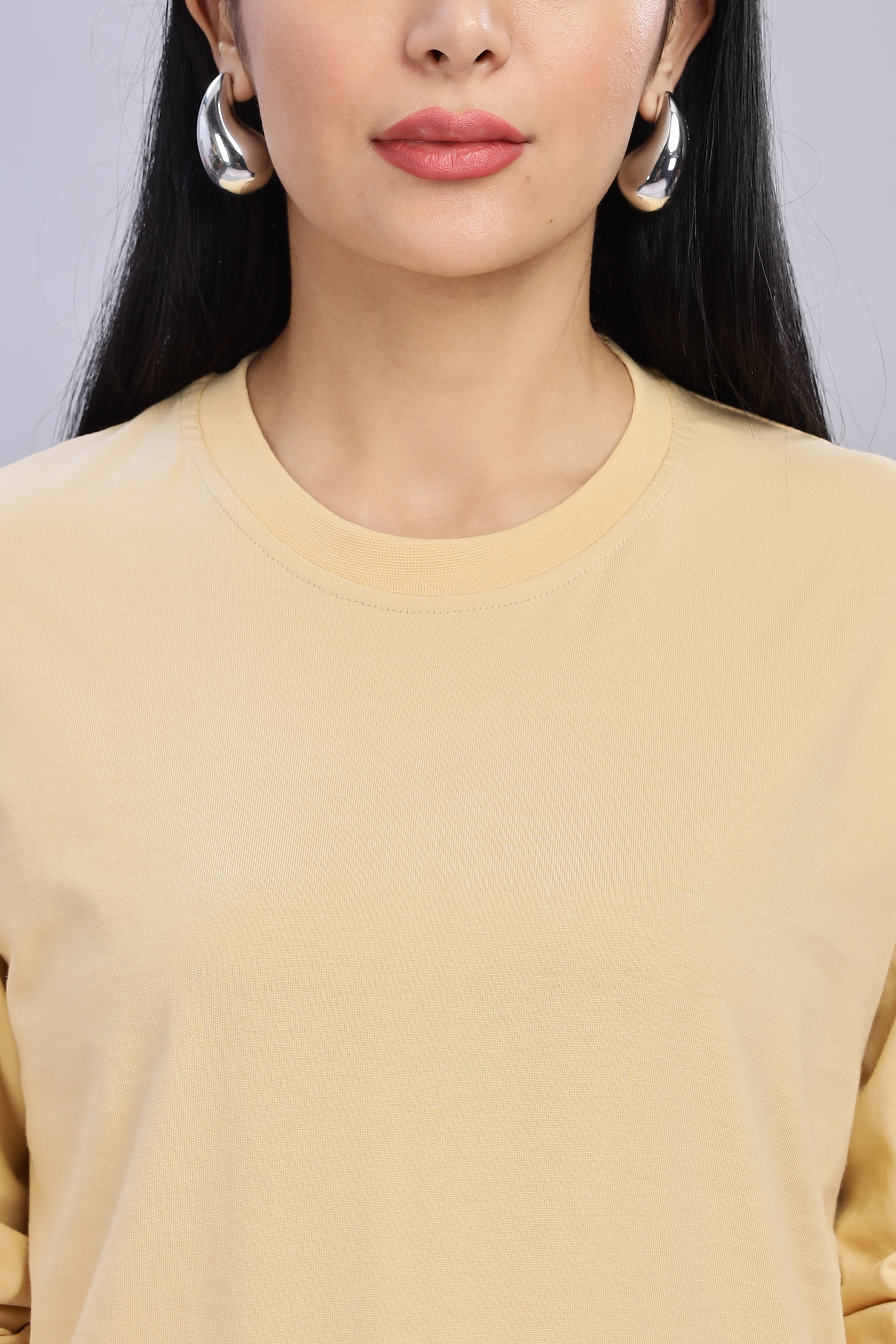 Cream Long Sleeve Crew Neck T-Shirt