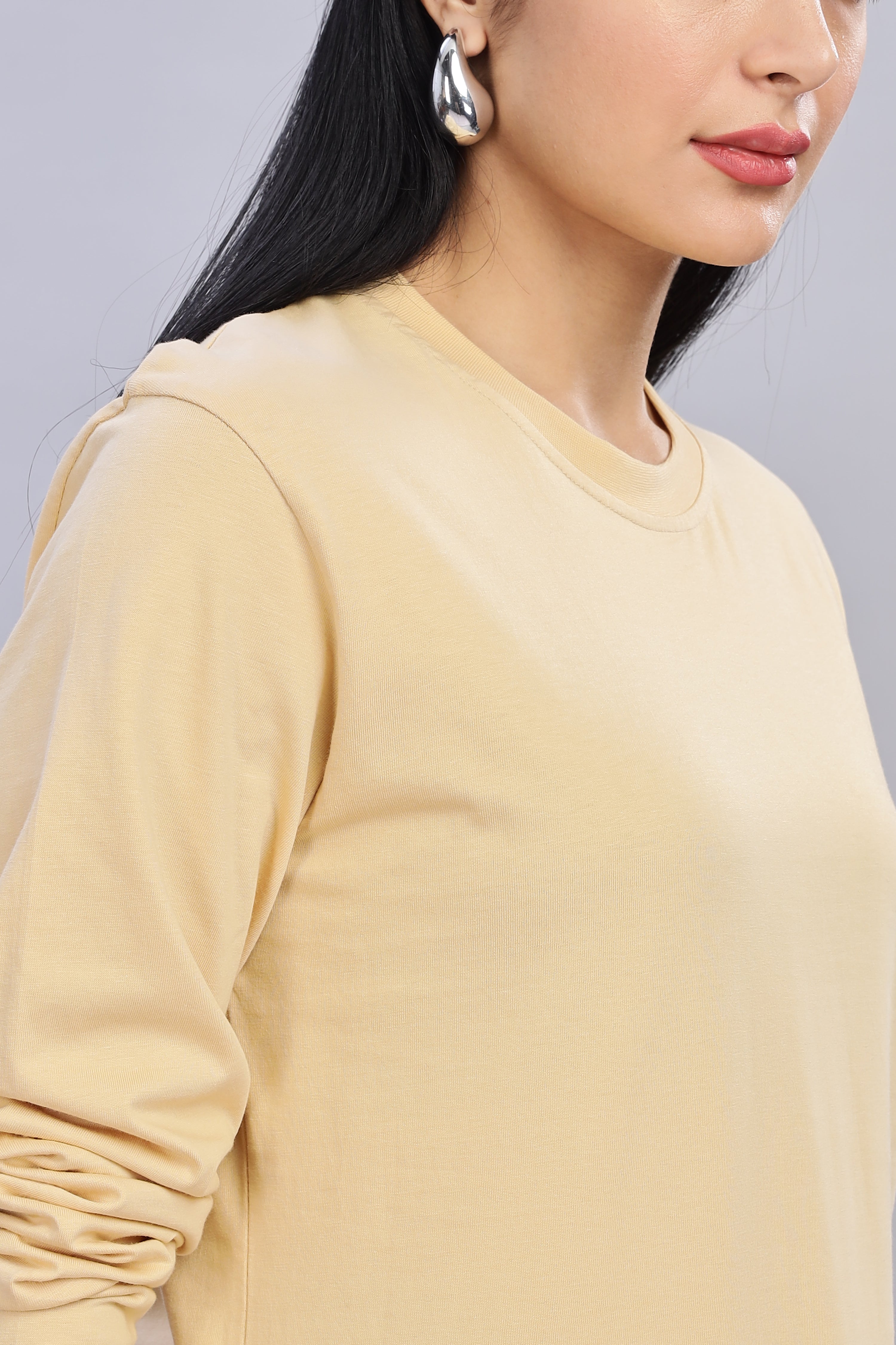 Cream Long Sleeve Crew Neck T-Shirt