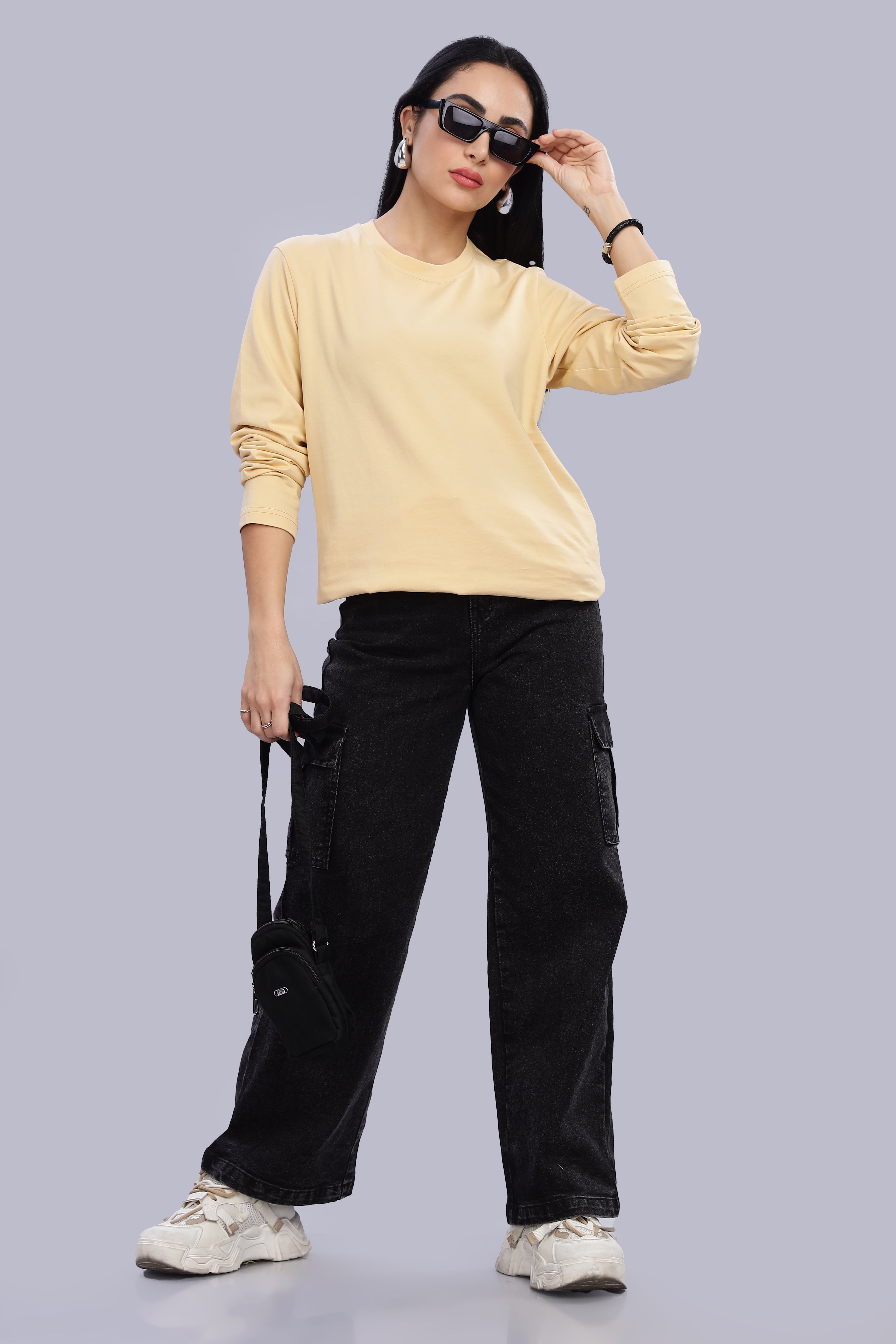 Cream Long Sleeve Crew Neck T-Shirt