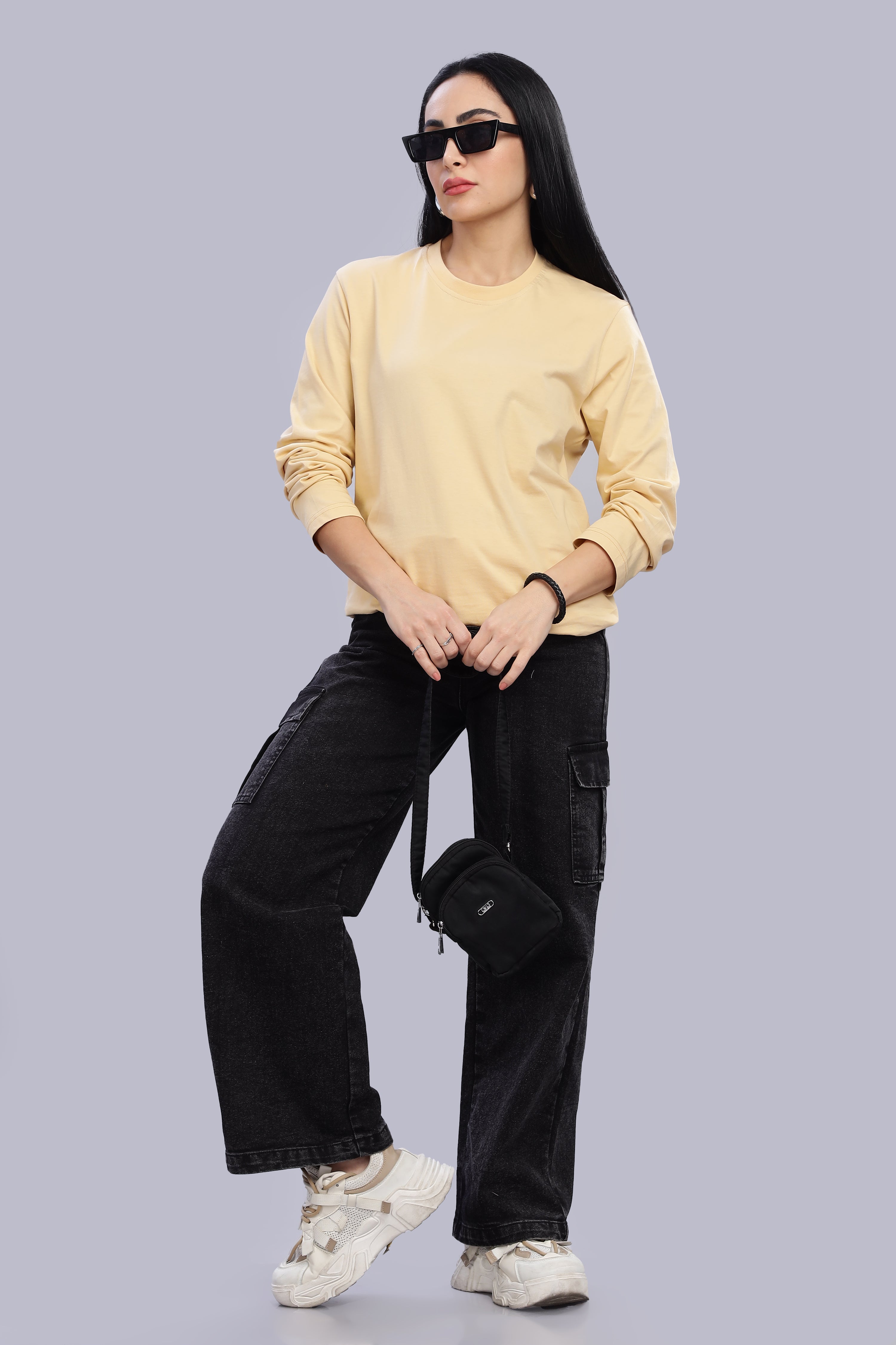 Cream Long Sleeve Crew Neck T-Shirt