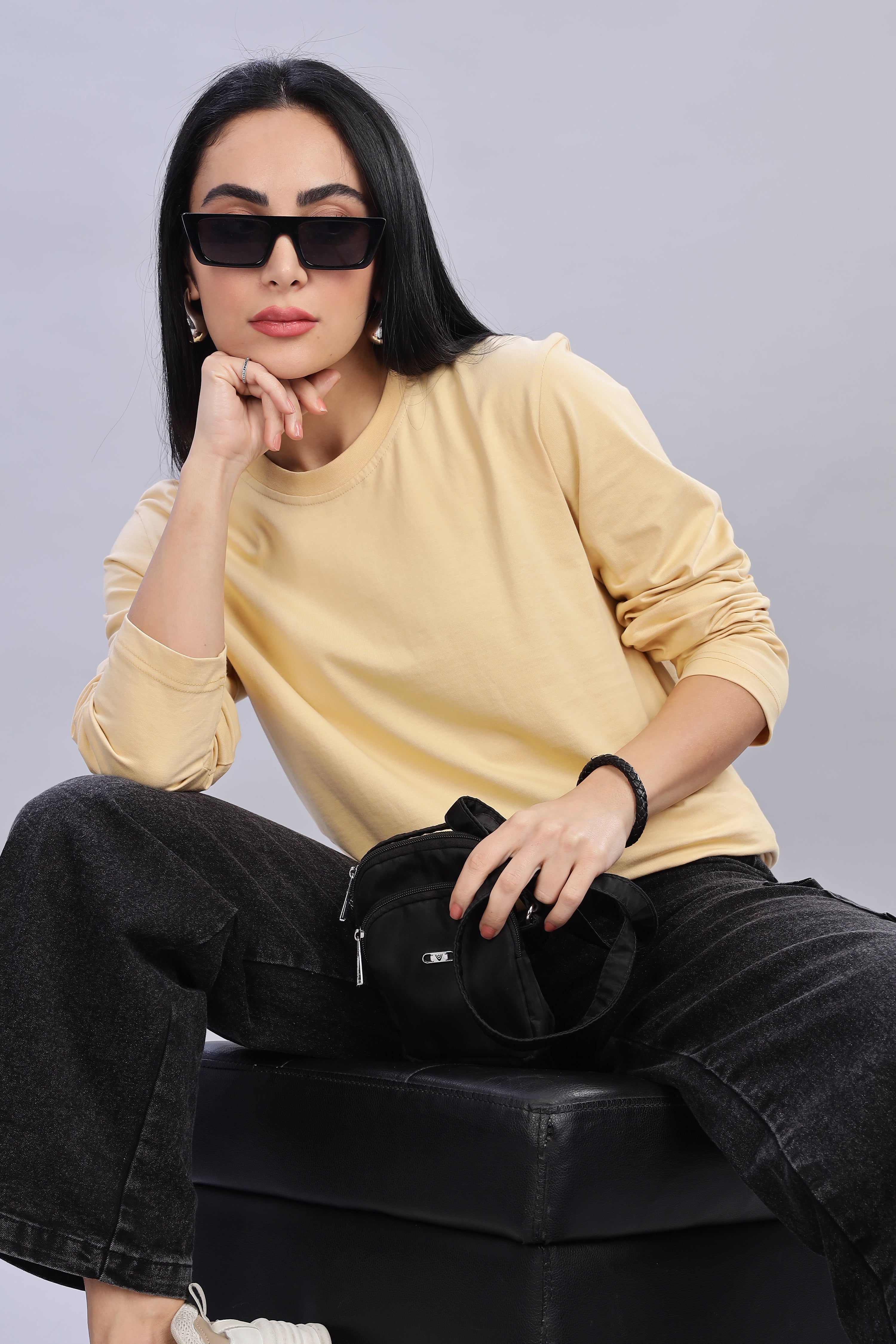 Cream Long Sleeve Crew Neck T-Shirt
