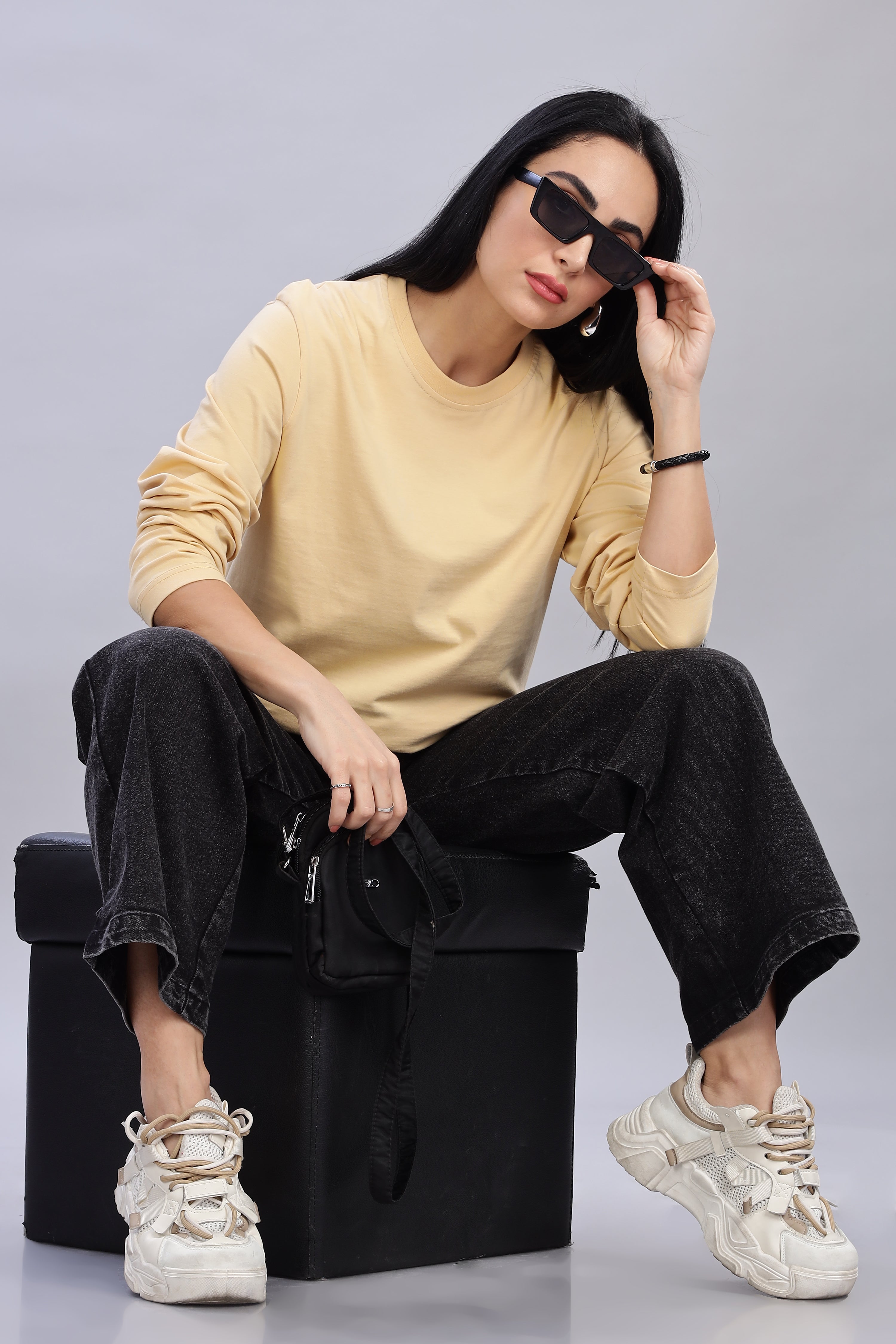 Cream Long Sleeve Crew Neck T-Shirt