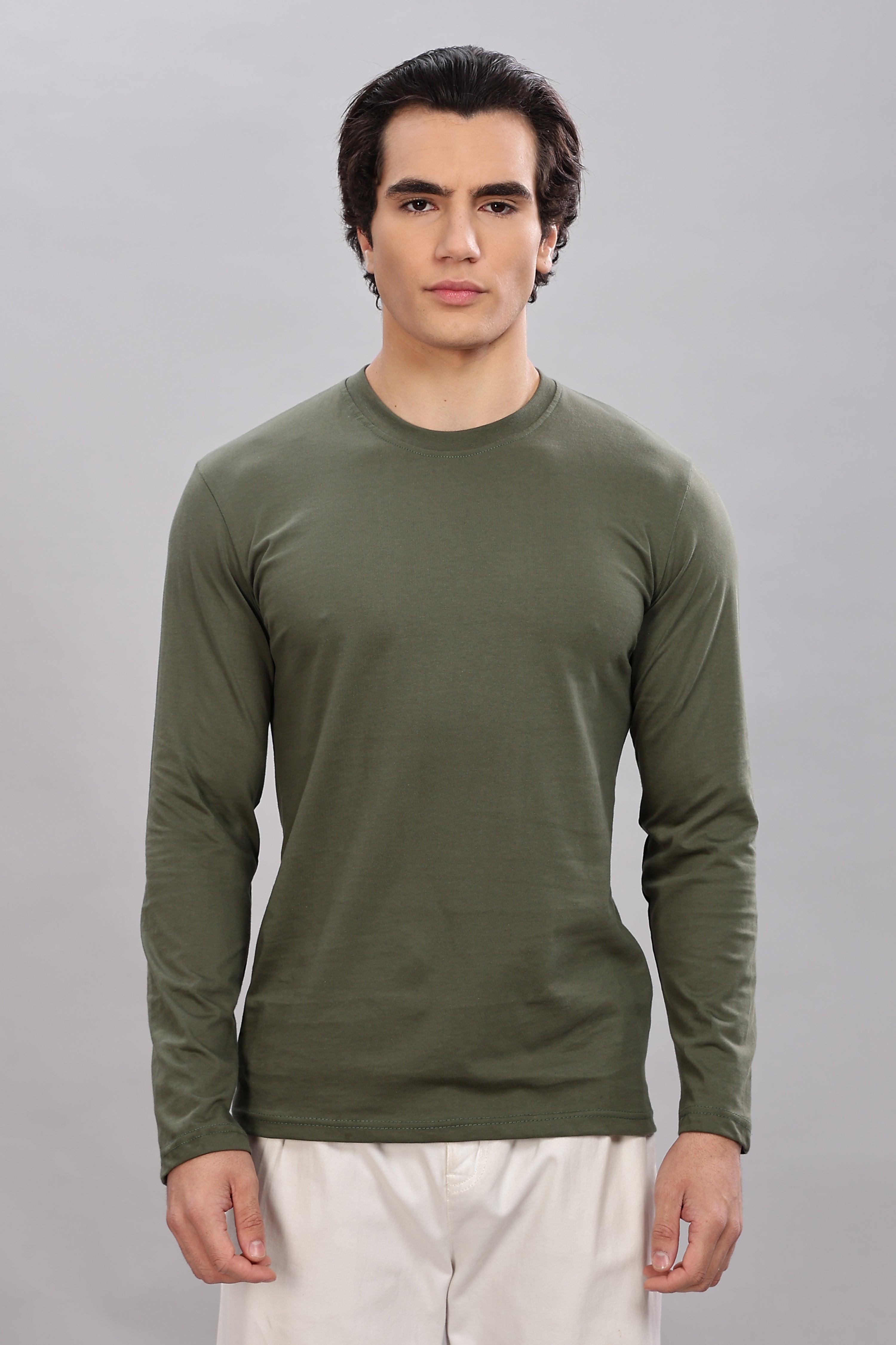 Olive Green Long Sleeve Crew Neck T-Shirt