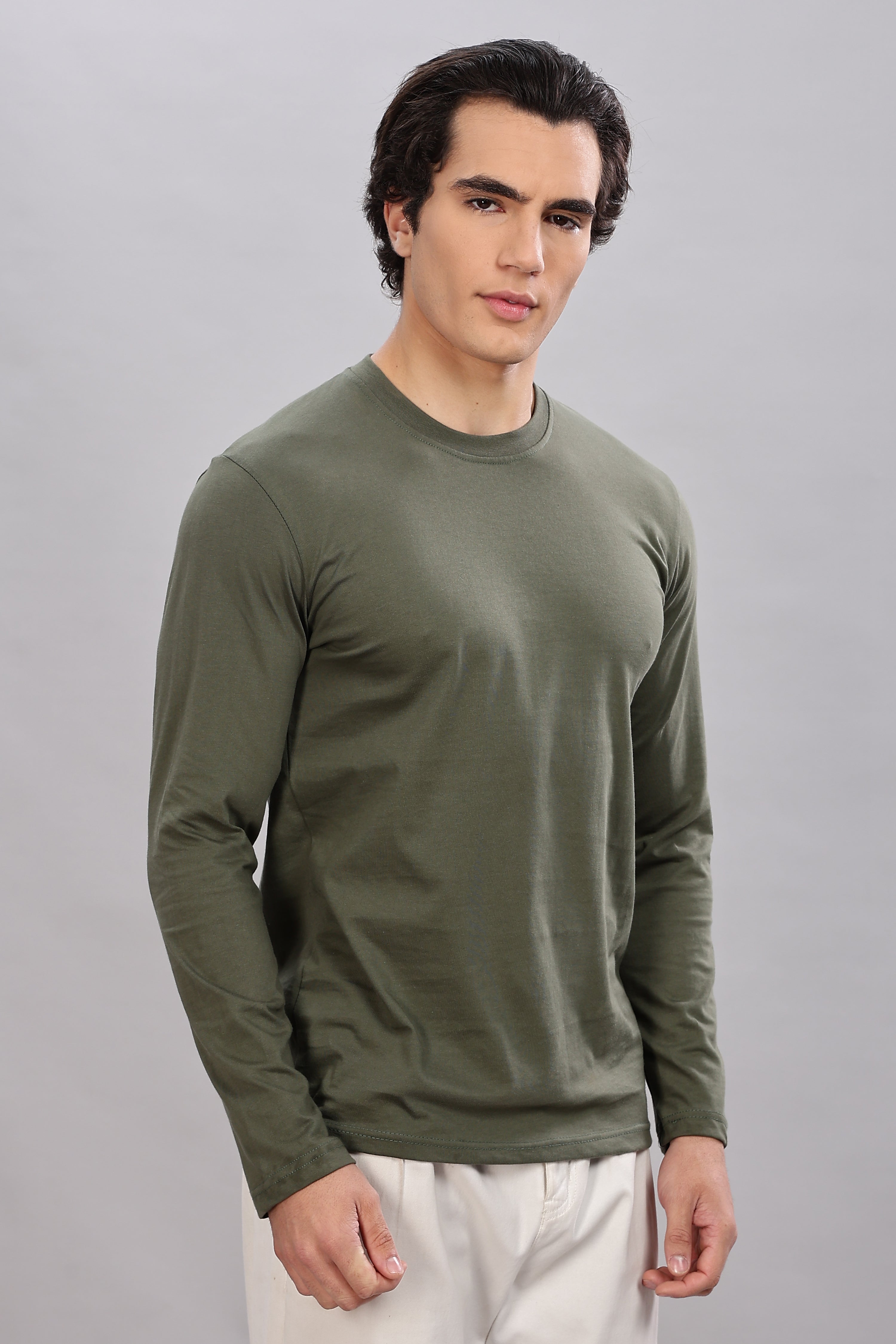 Olive Green Long Sleeve Crew Neck T-Shirt