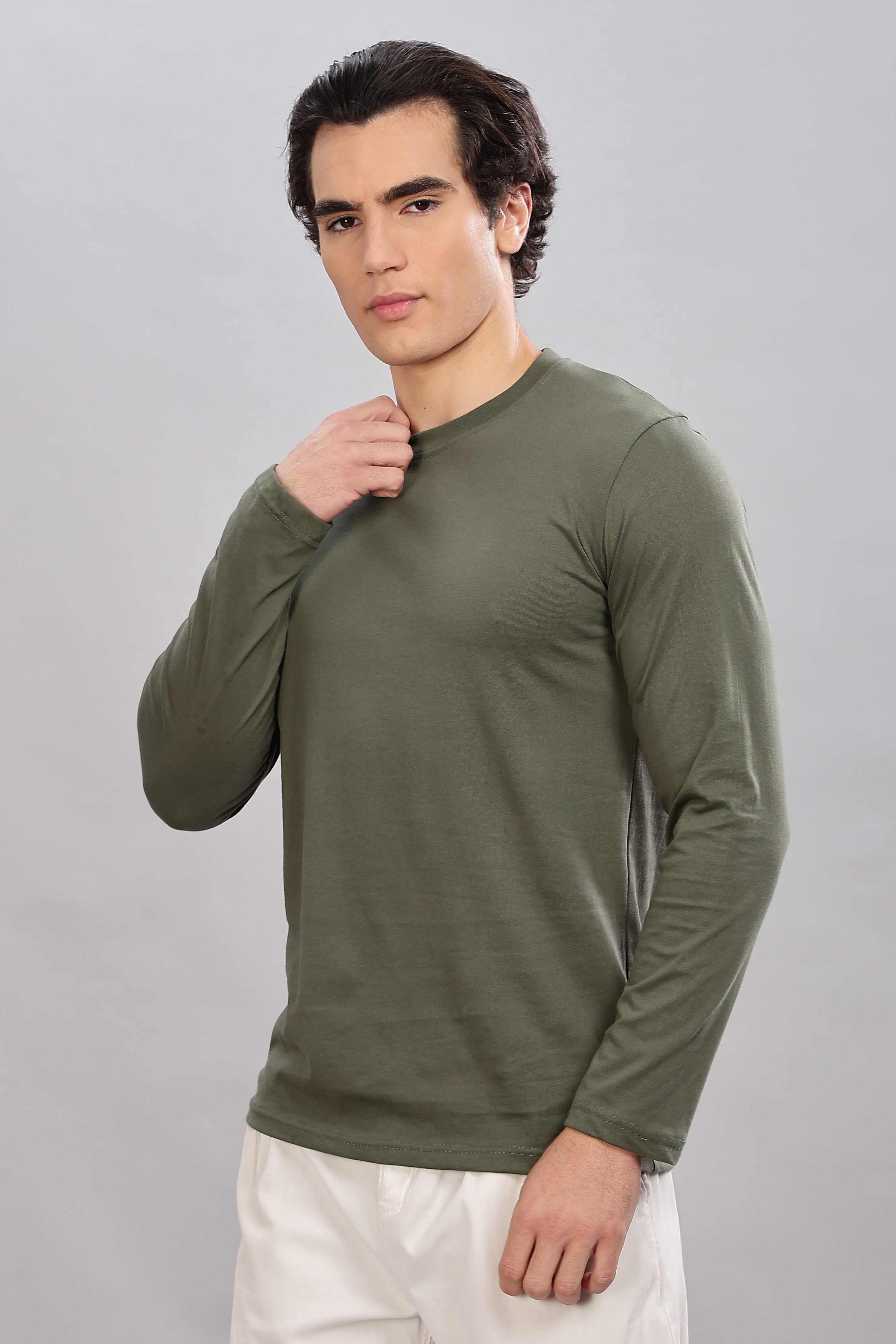 Olive Green Long Sleeve Crew Neck T-Shirt