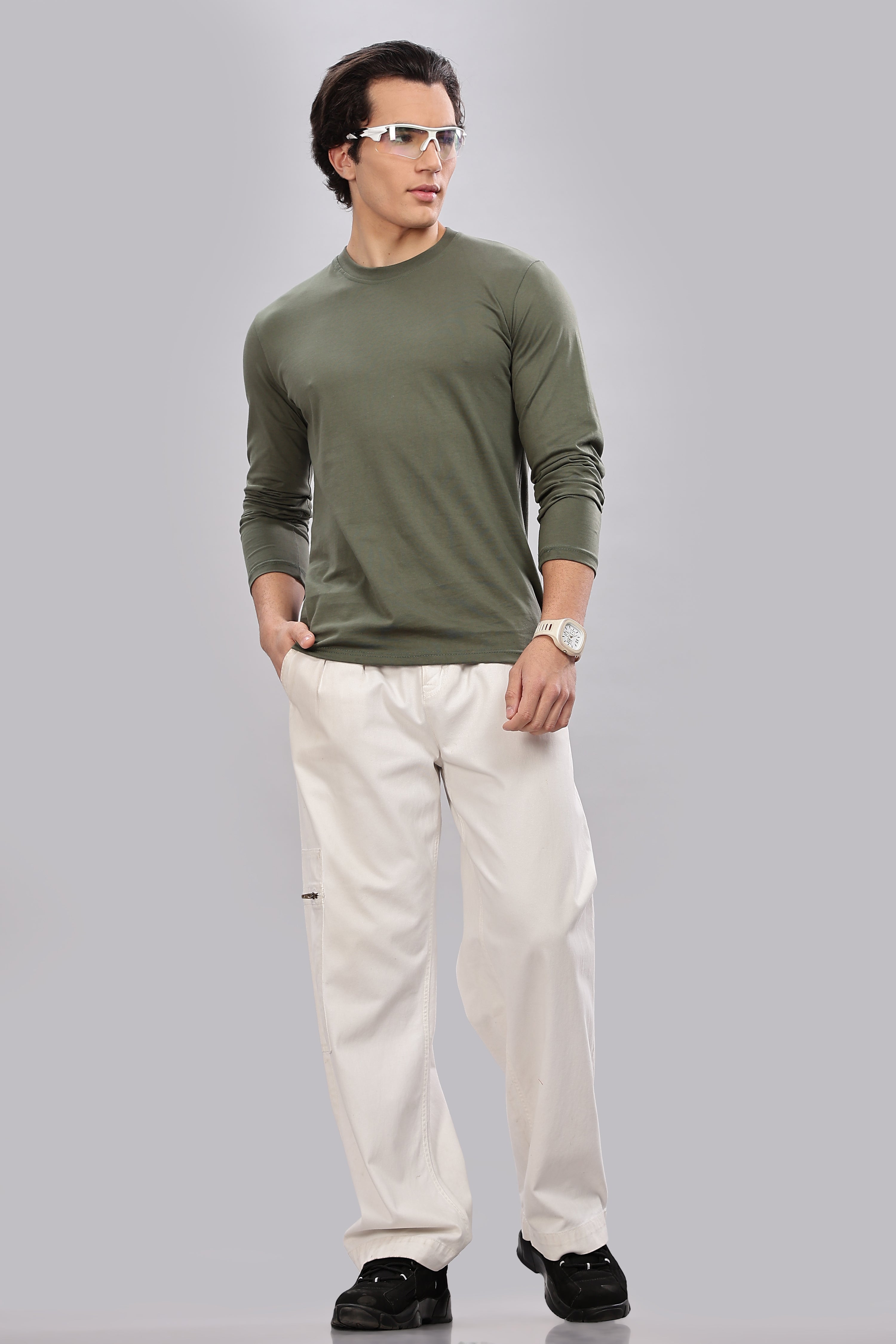 Olive Green Long Sleeve Crew Neck T-Shirt