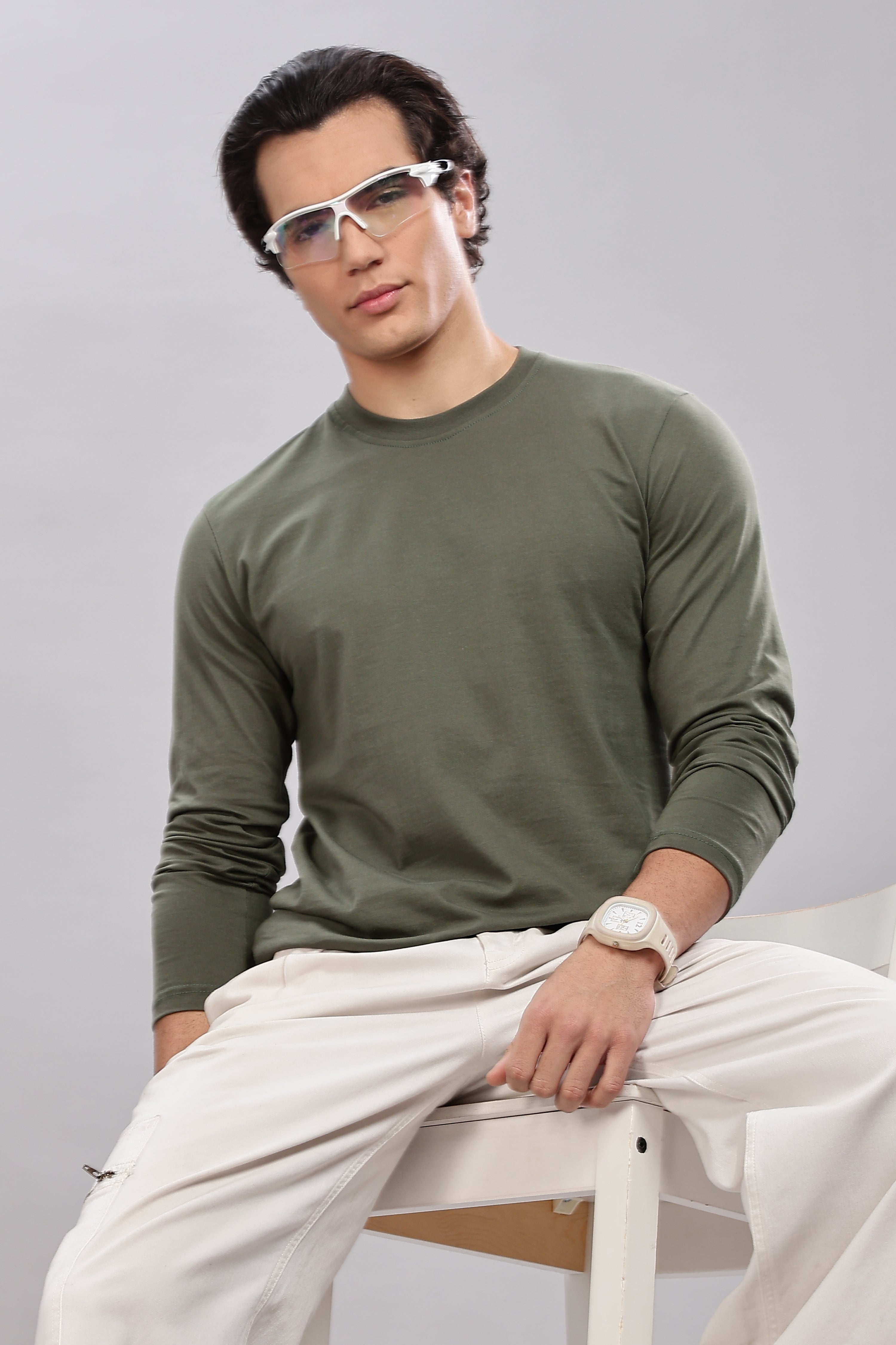 Olive Green Long Sleeve Crew Neck T-Shirt