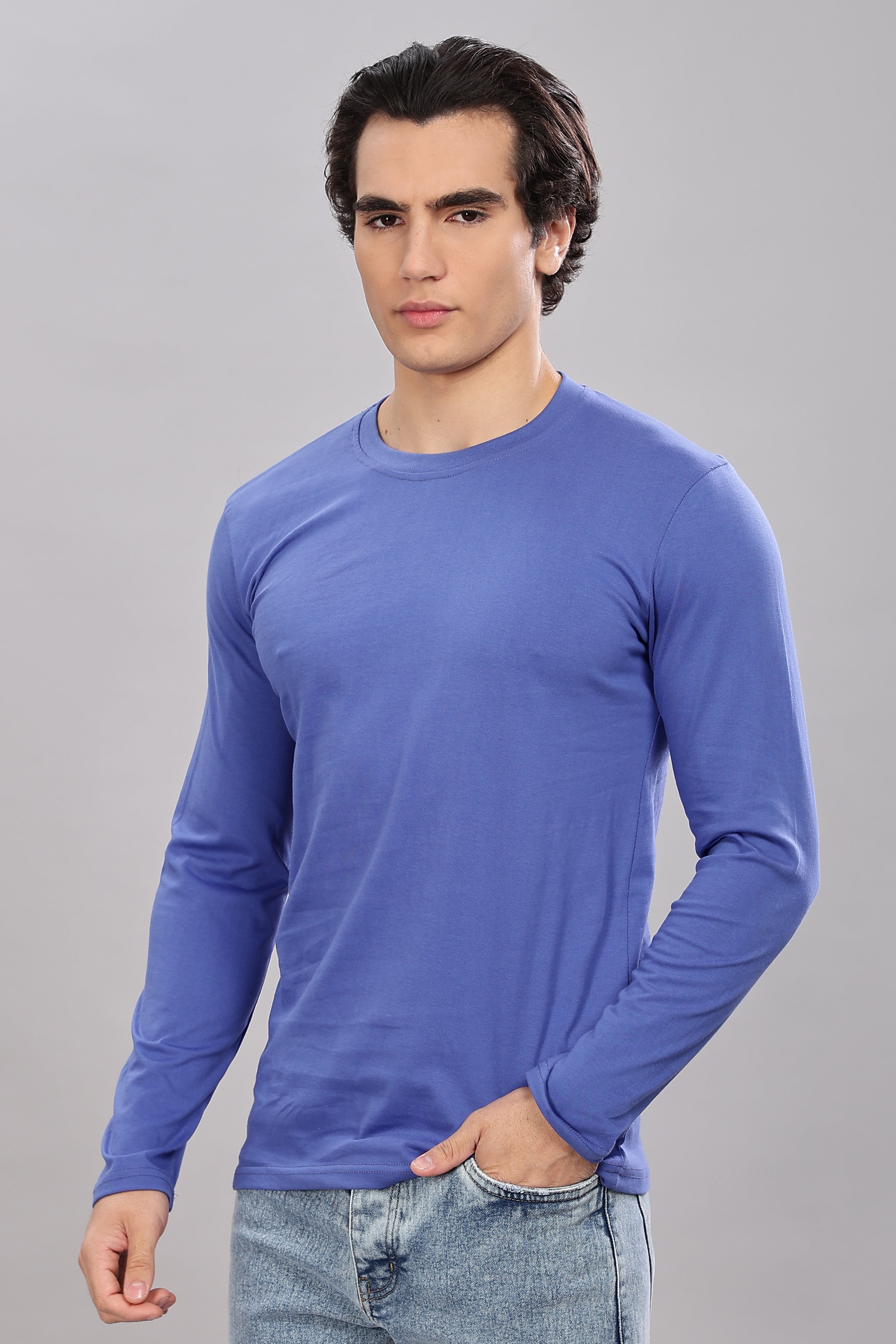 English Blue Long Sleeve Crew Neck T-Shirt
