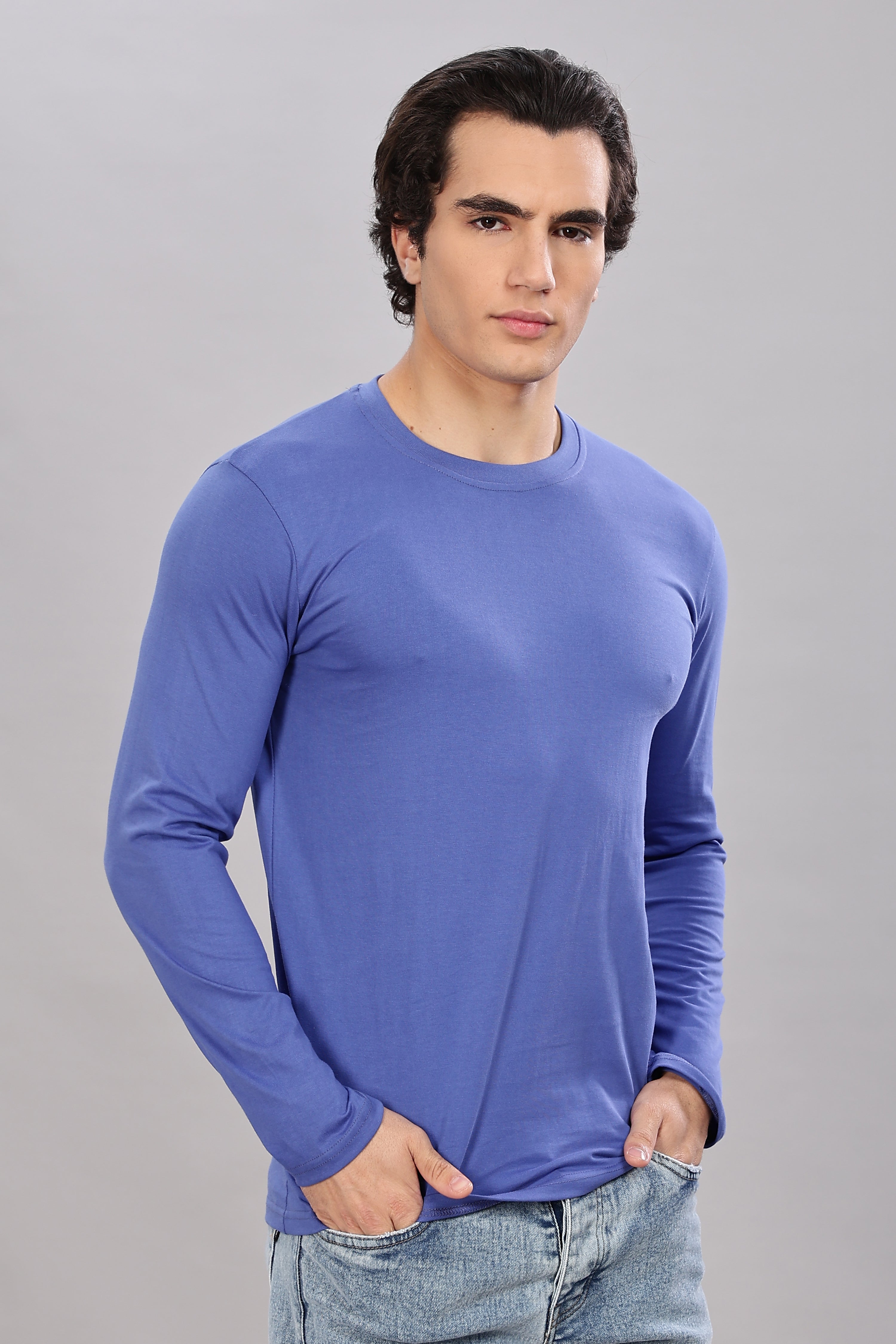 English Blue Long Sleeve Crew Neck T-Shirt