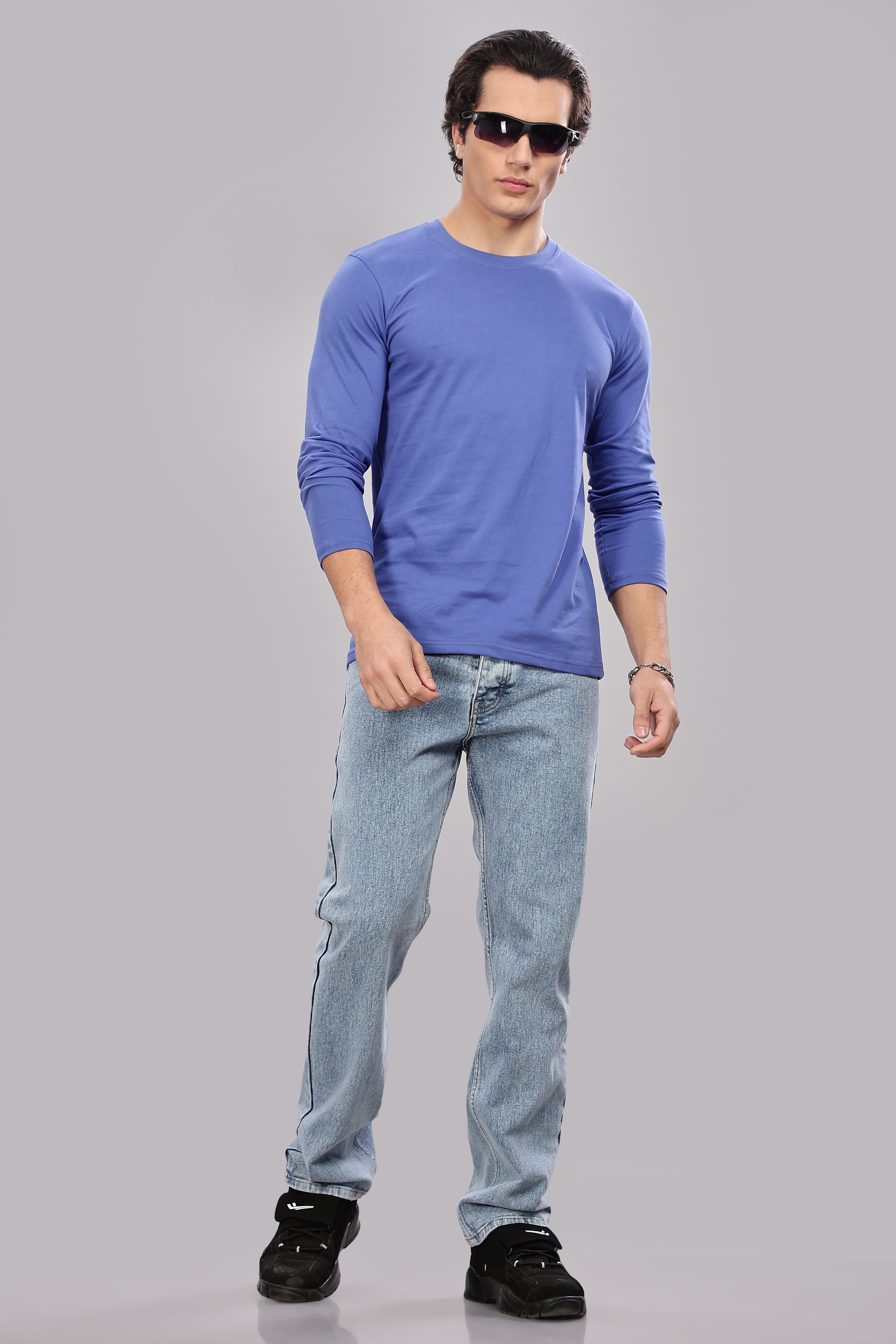 English Blue Long Sleeve Crew Neck T-Shirt