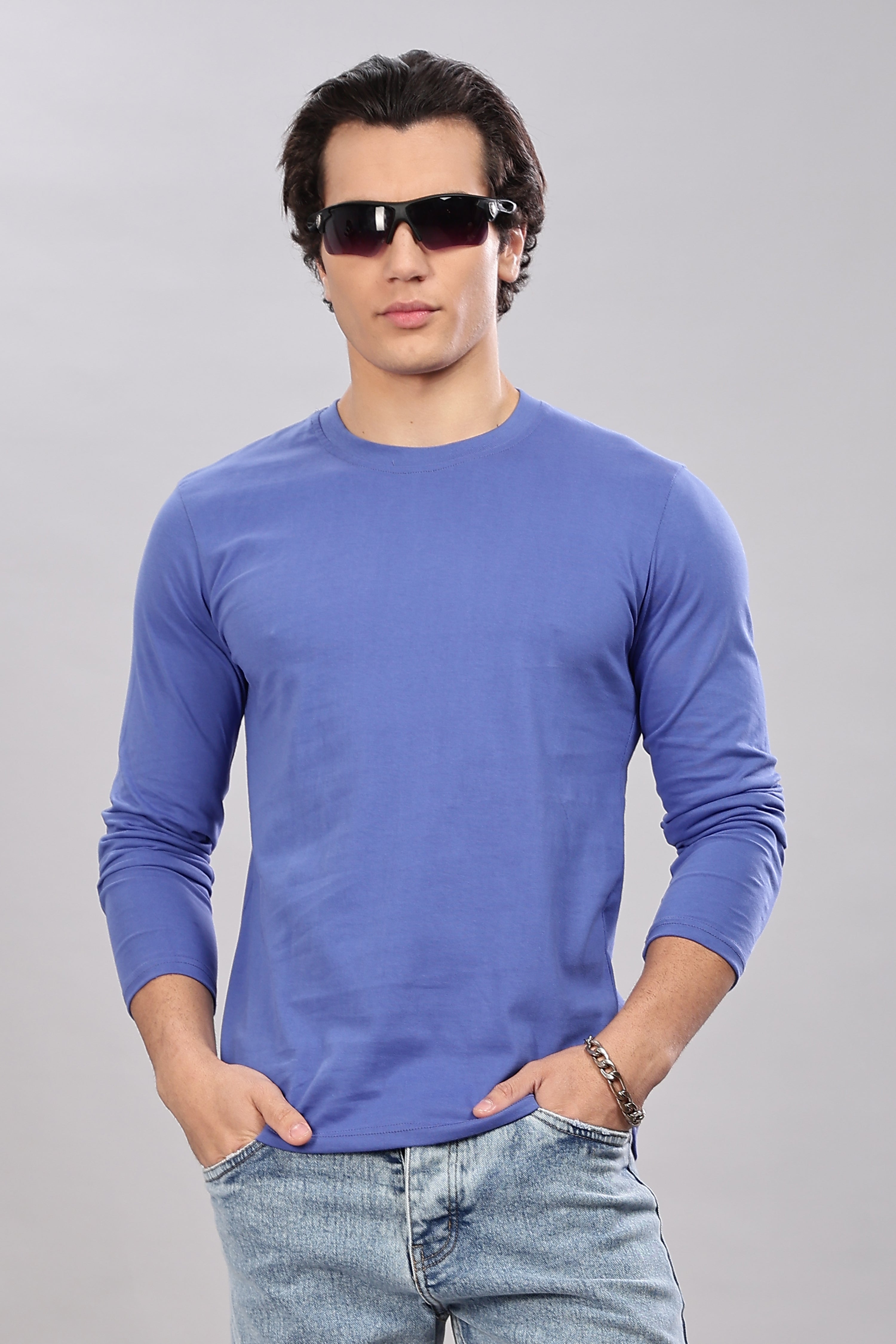 English Blue Long Sleeve Crew Neck T-Shirt