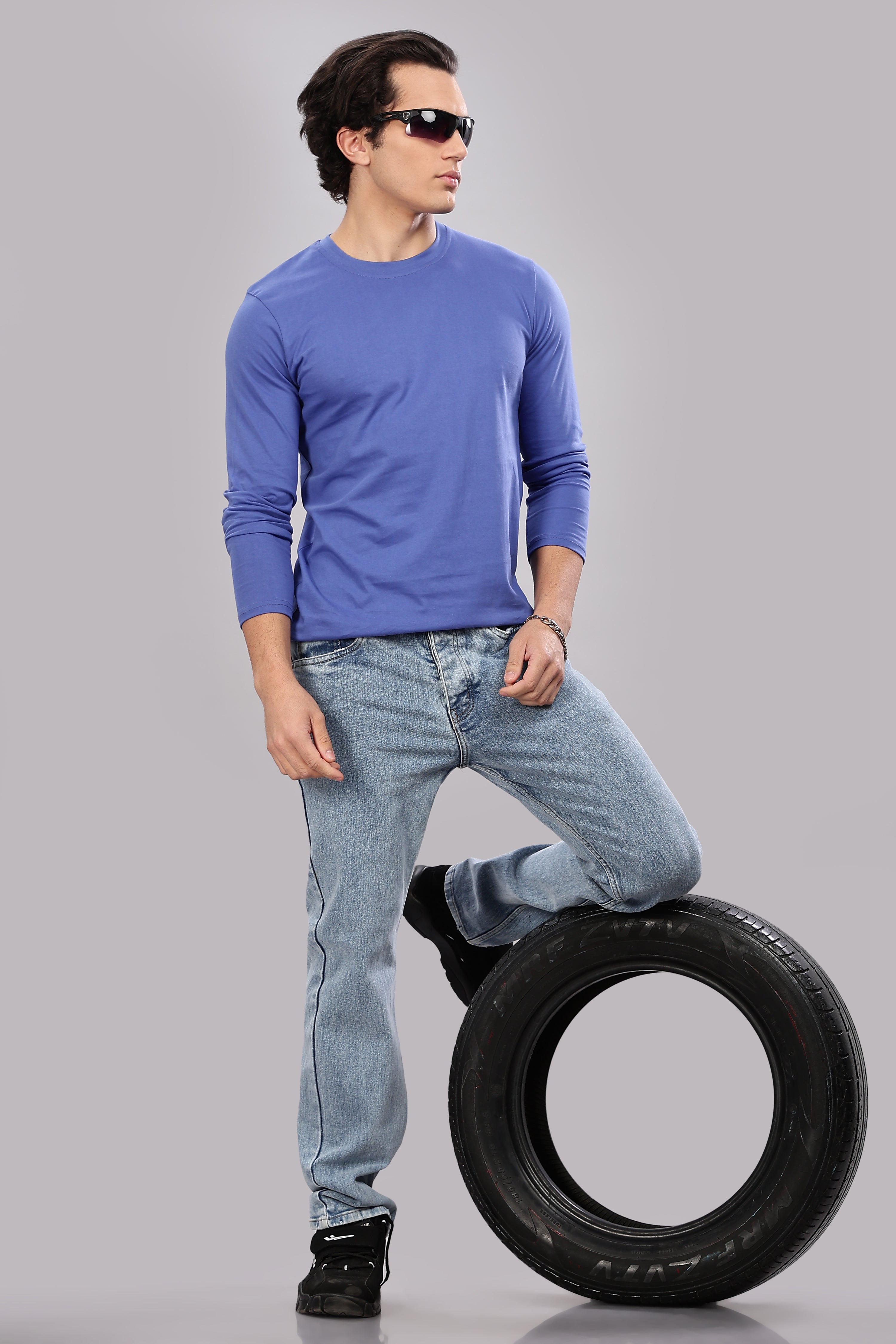 English Blue Long Sleeve Crew Neck T-Shirt