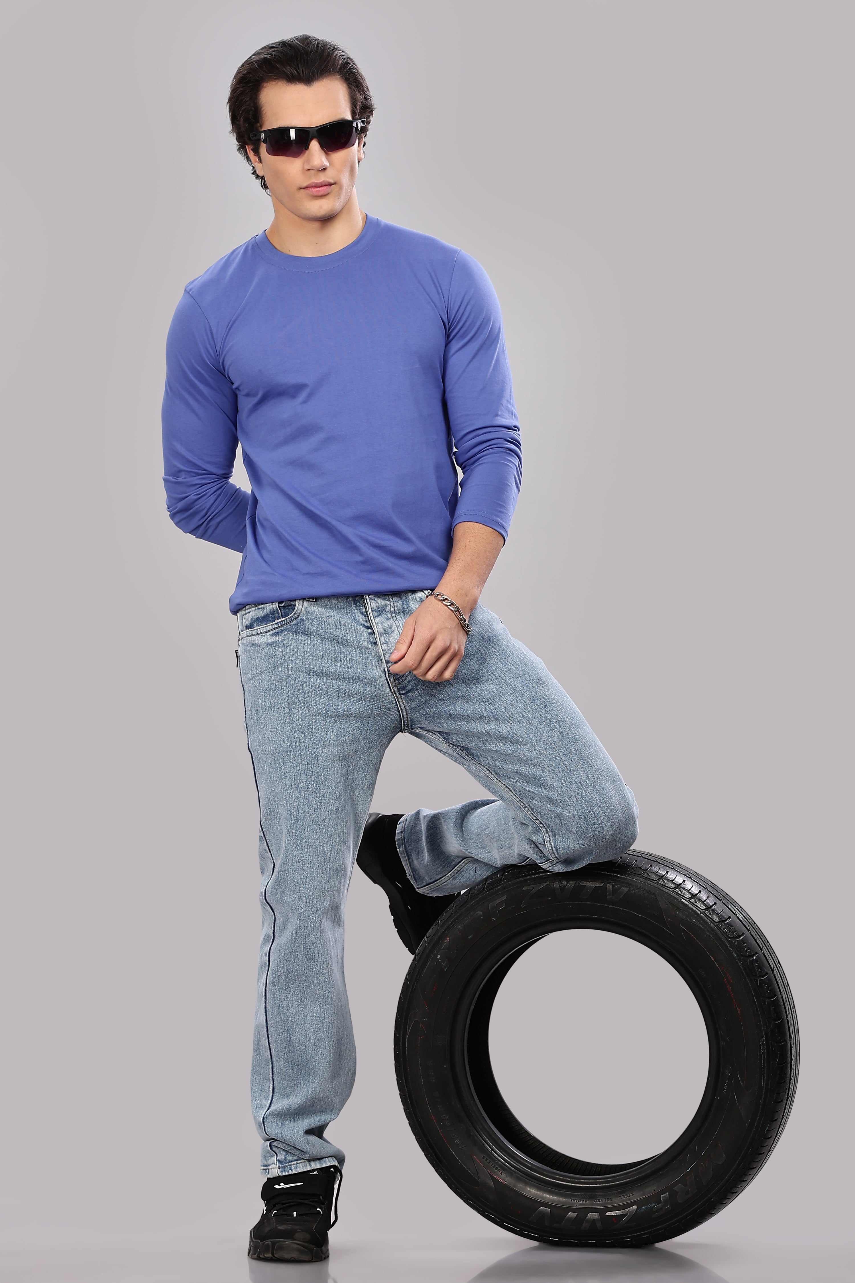 English Blue Long Sleeve Crew Neck T-Shirt