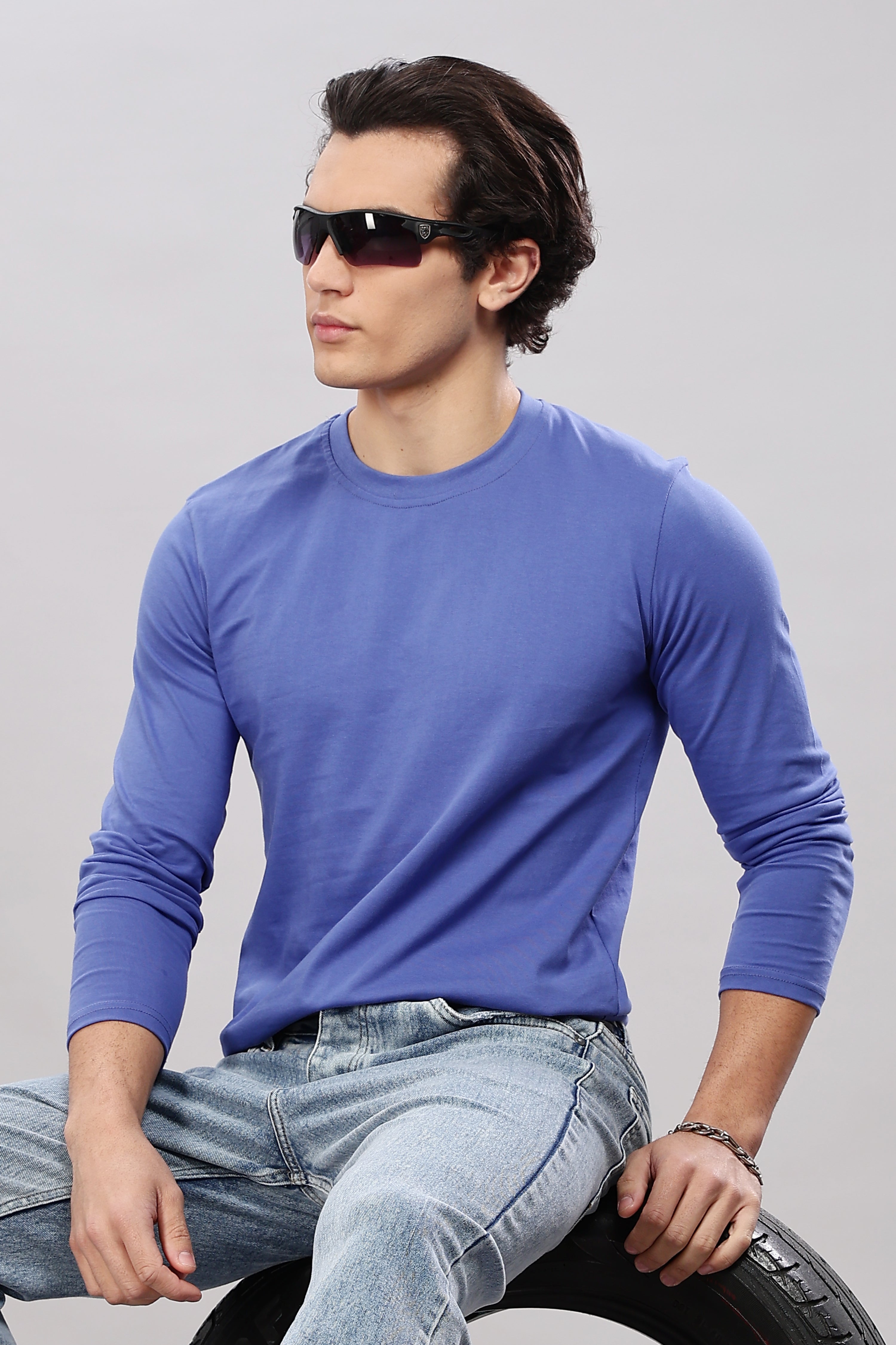 English Blue Long Sleeve Crew Neck T-Shirt