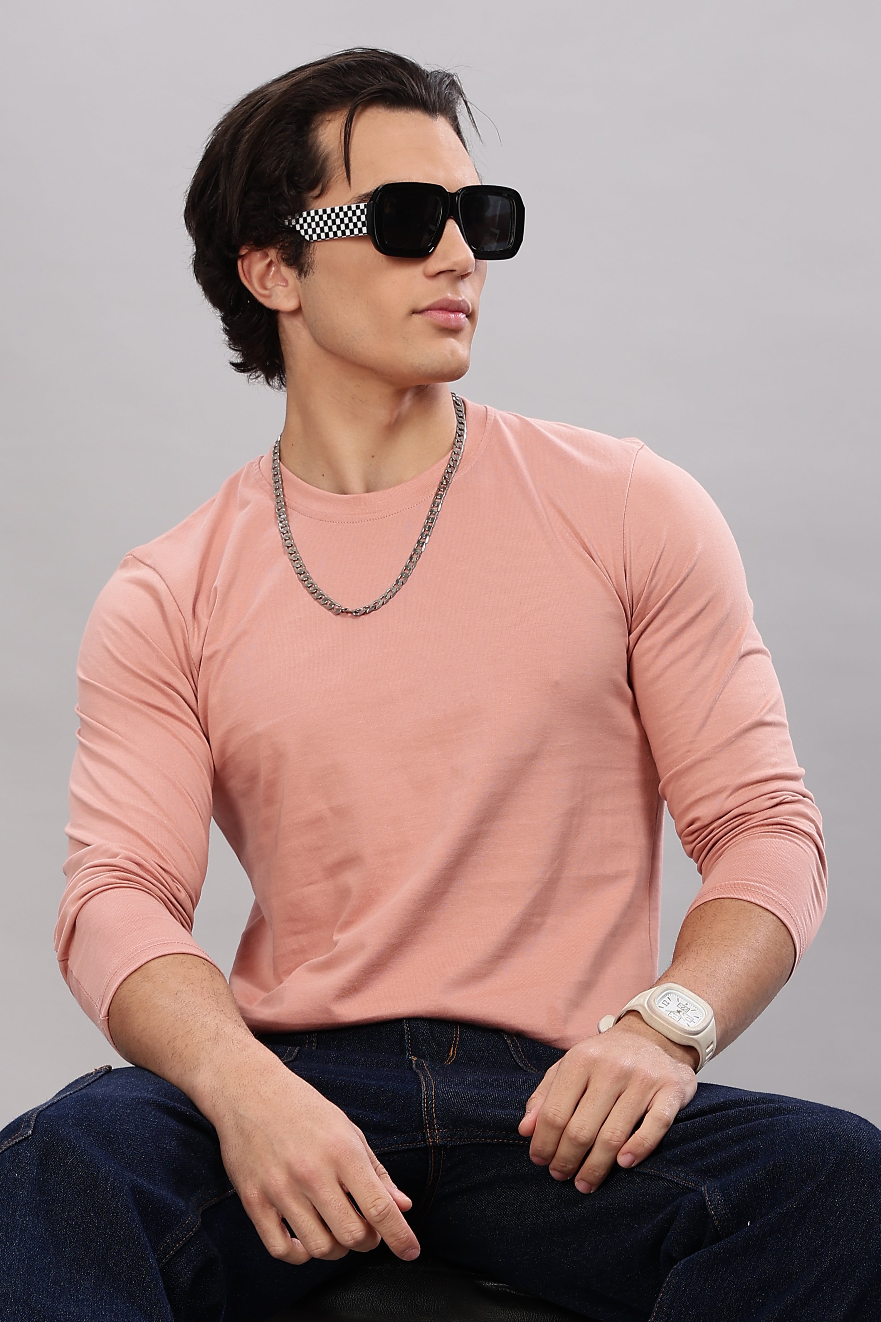 Peach Long Sleeve Crew Neck T-Shirt