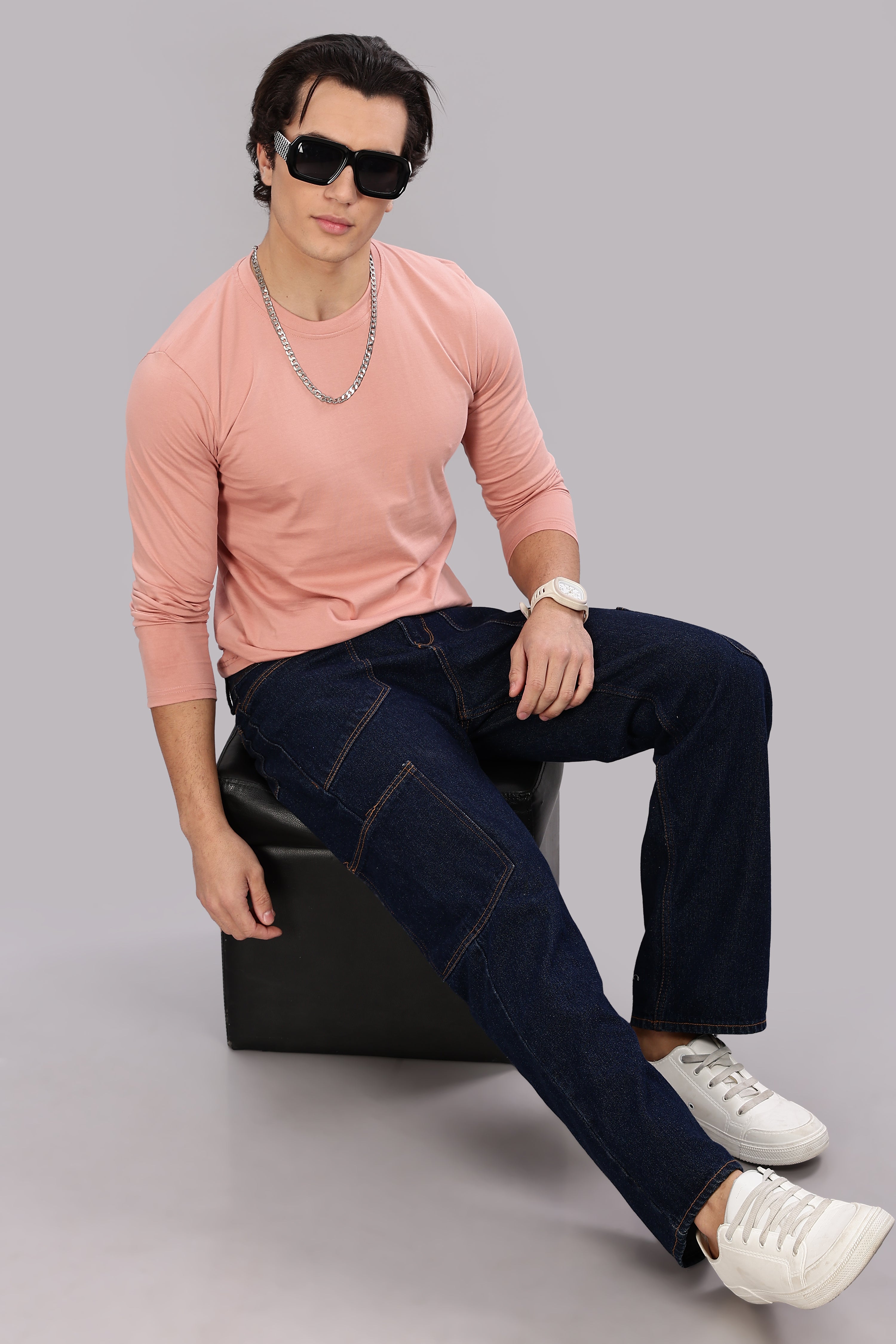 Peach Long Sleeve Crew Neck T-Shirt
