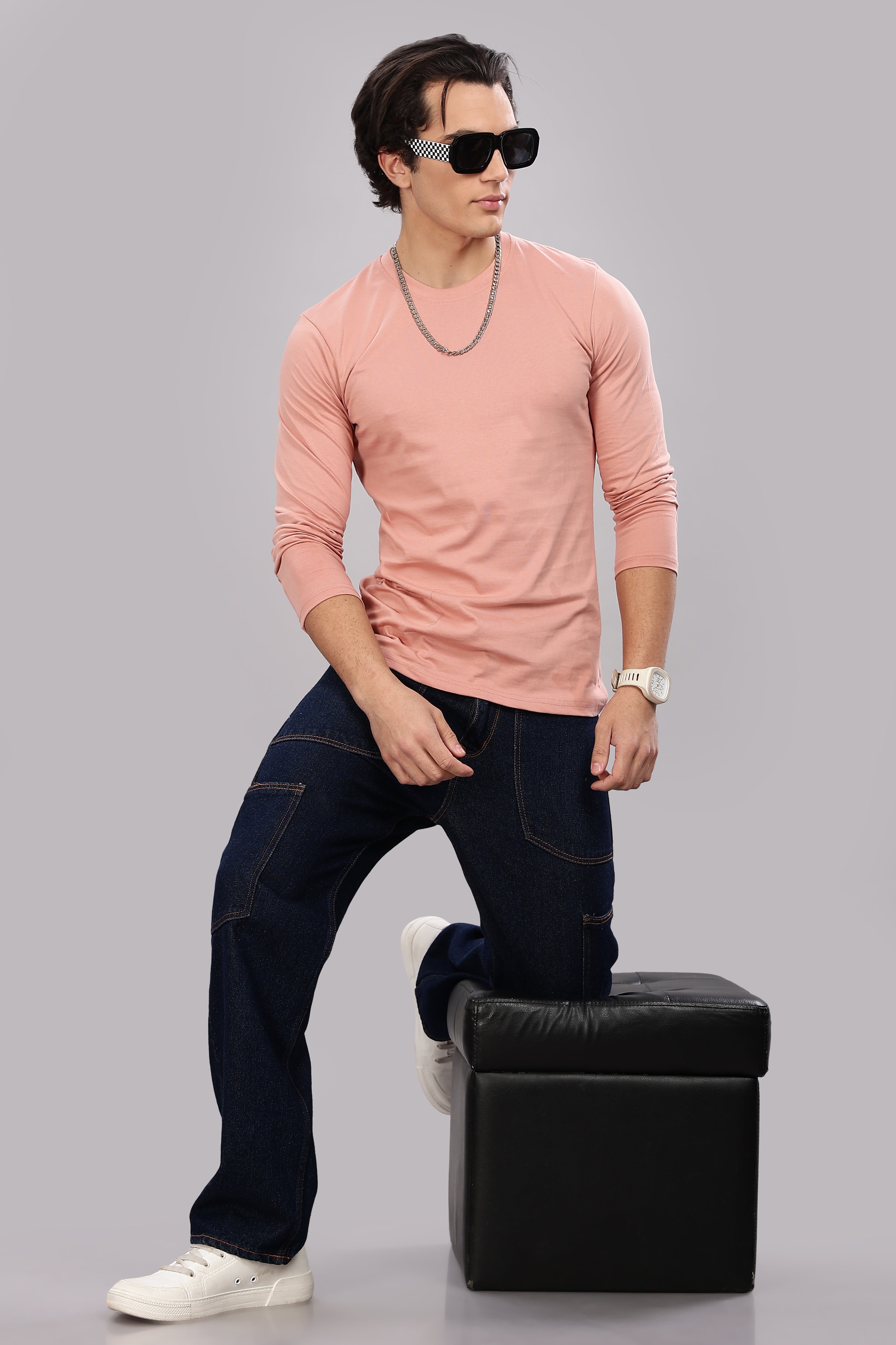 Peach Long Sleeve Crew Neck T-Shirt