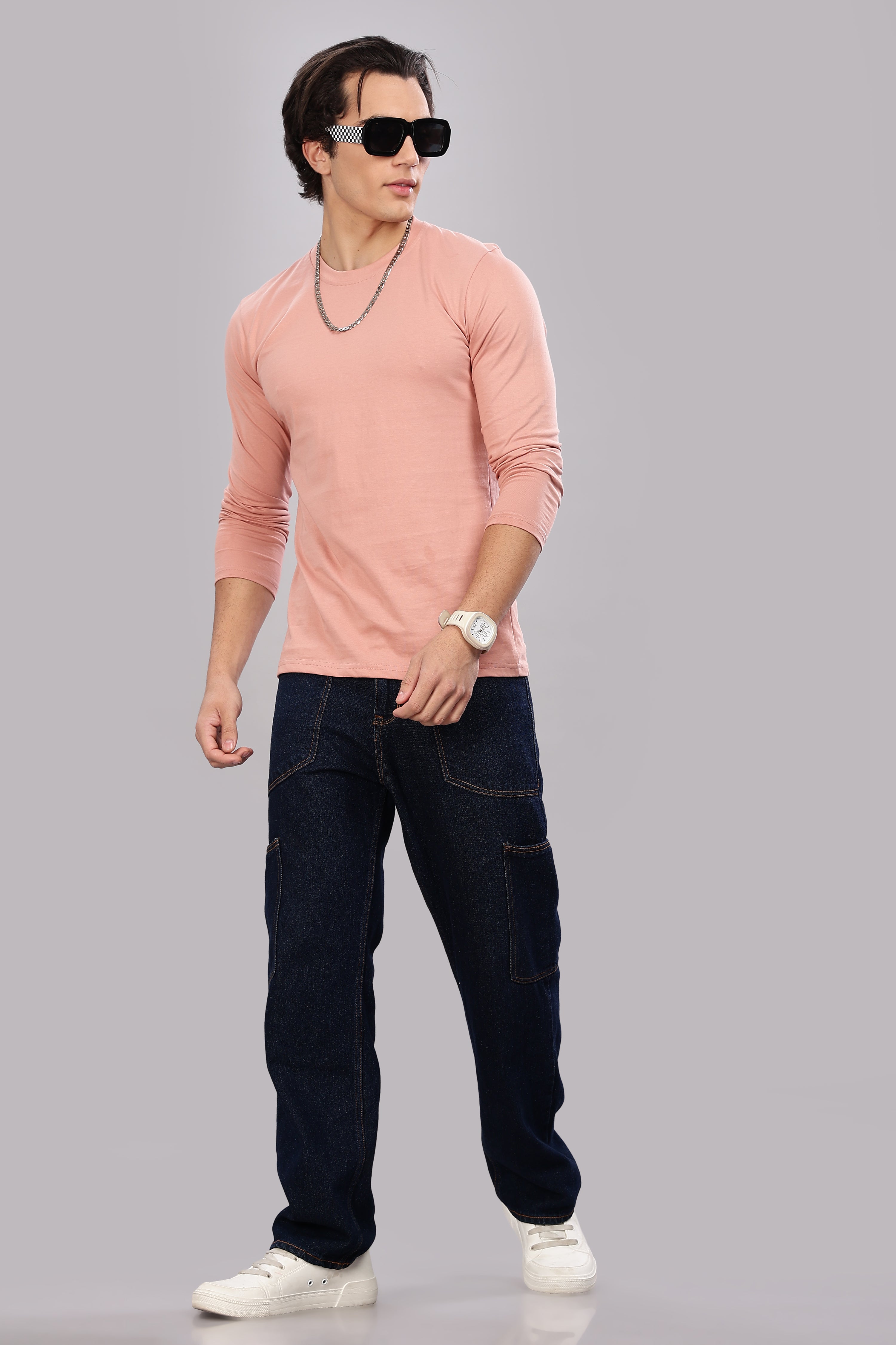 Peach Long Sleeve Crew Neck T-Shirt