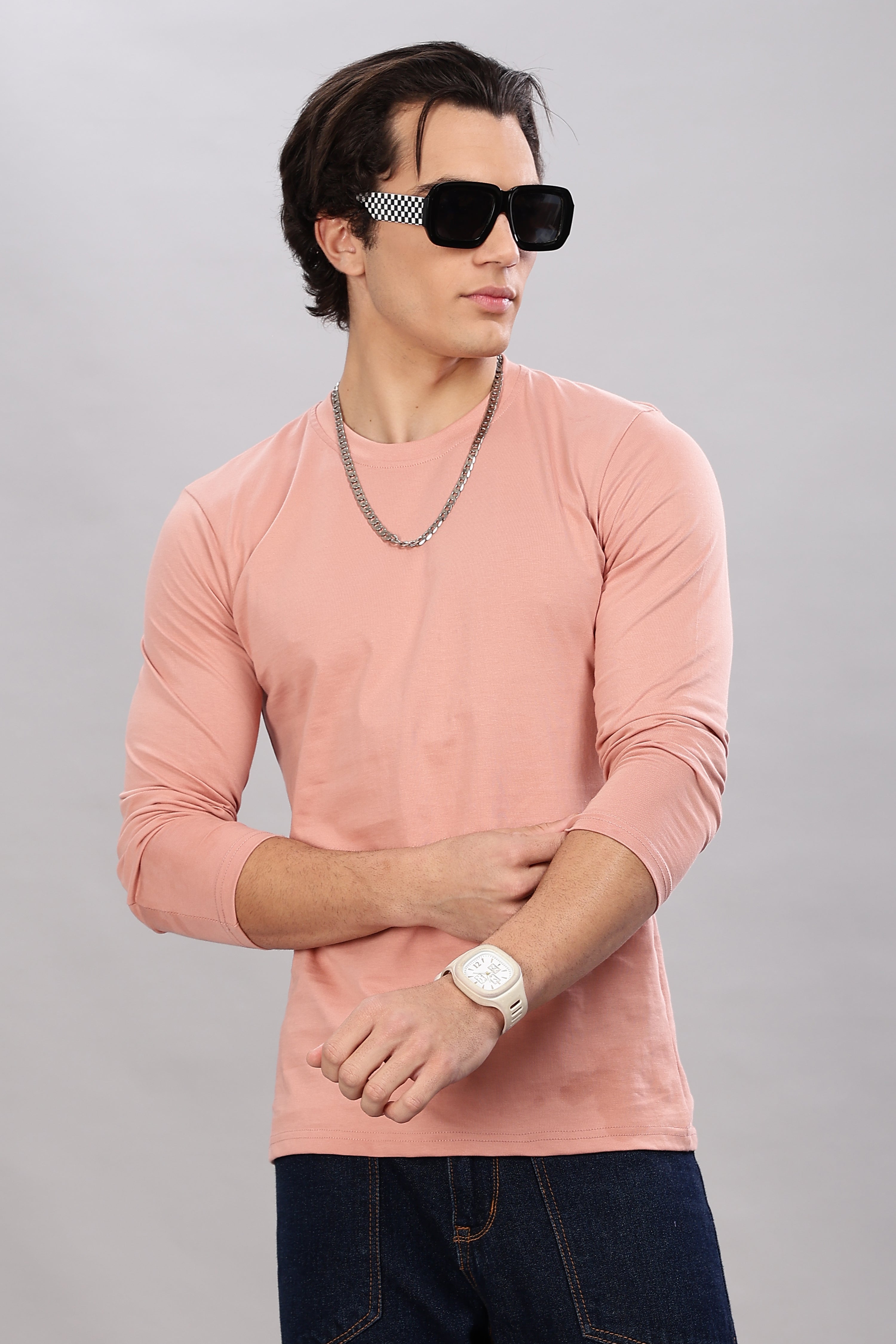 Peach Long Sleeve Crew Neck T-Shirt