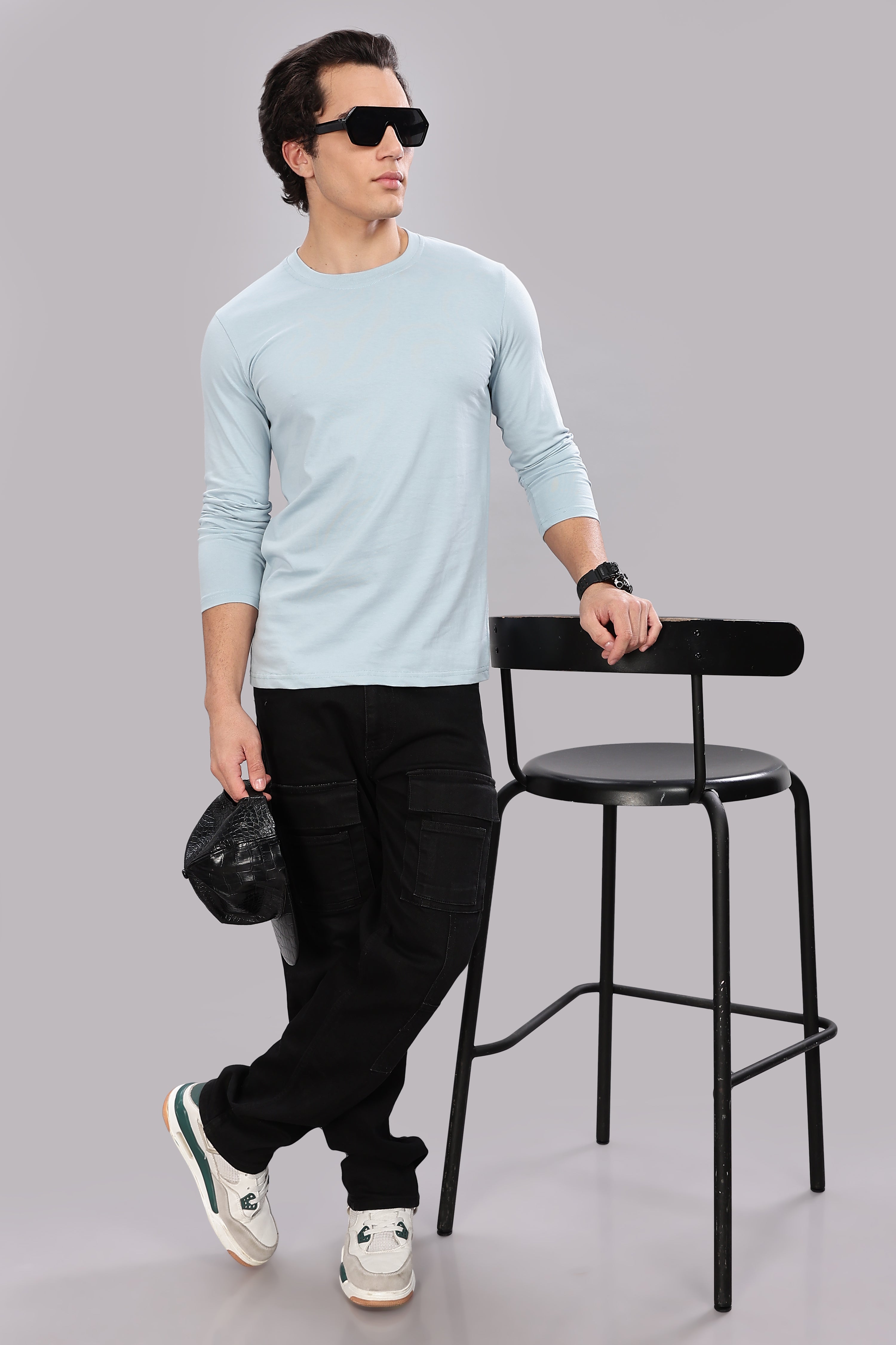 Pigeon Blue Long Sleeve Crew Neck T-Shirt