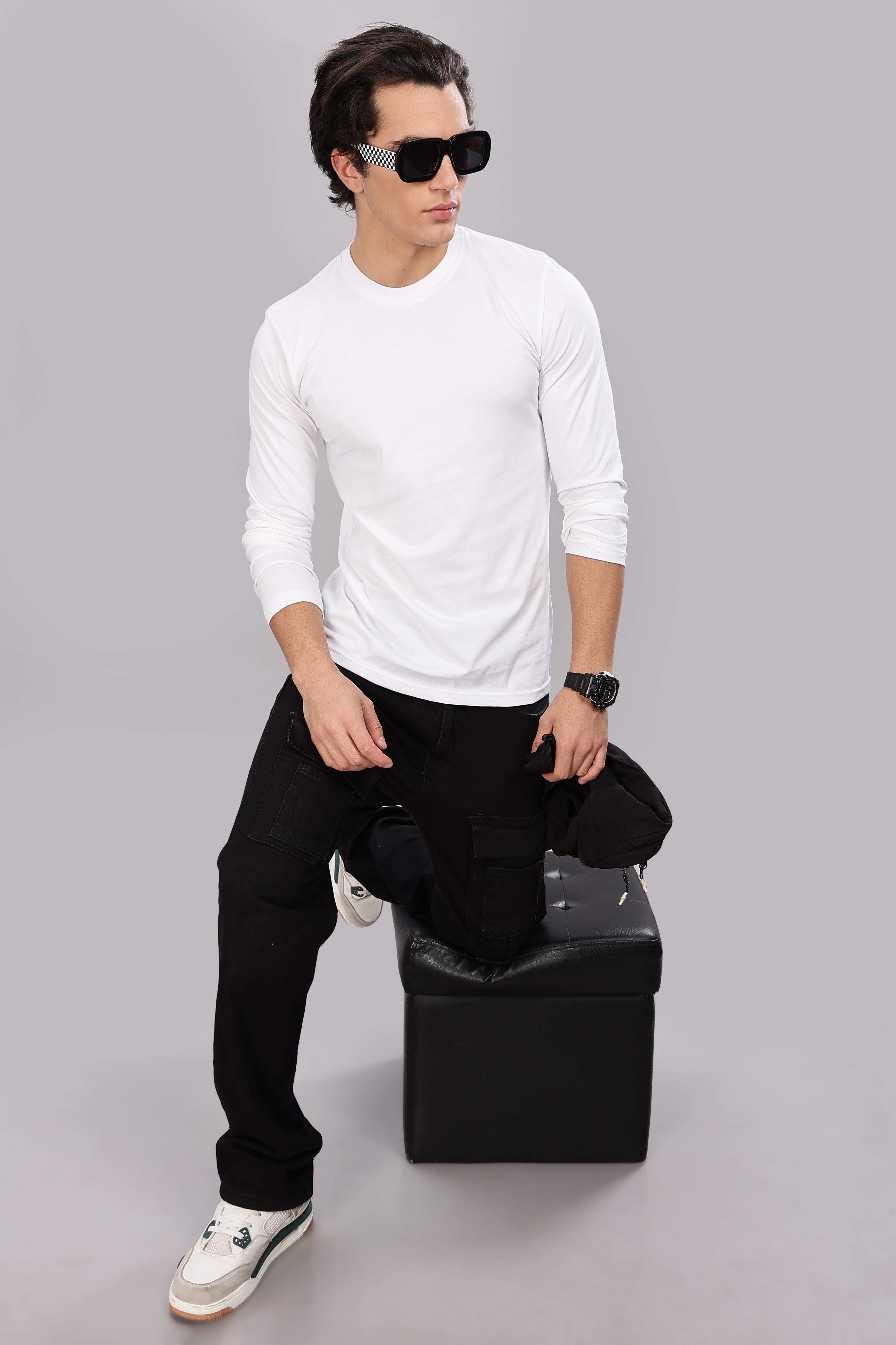 Milky White Long Sleeve Crew Neck T-Shirt