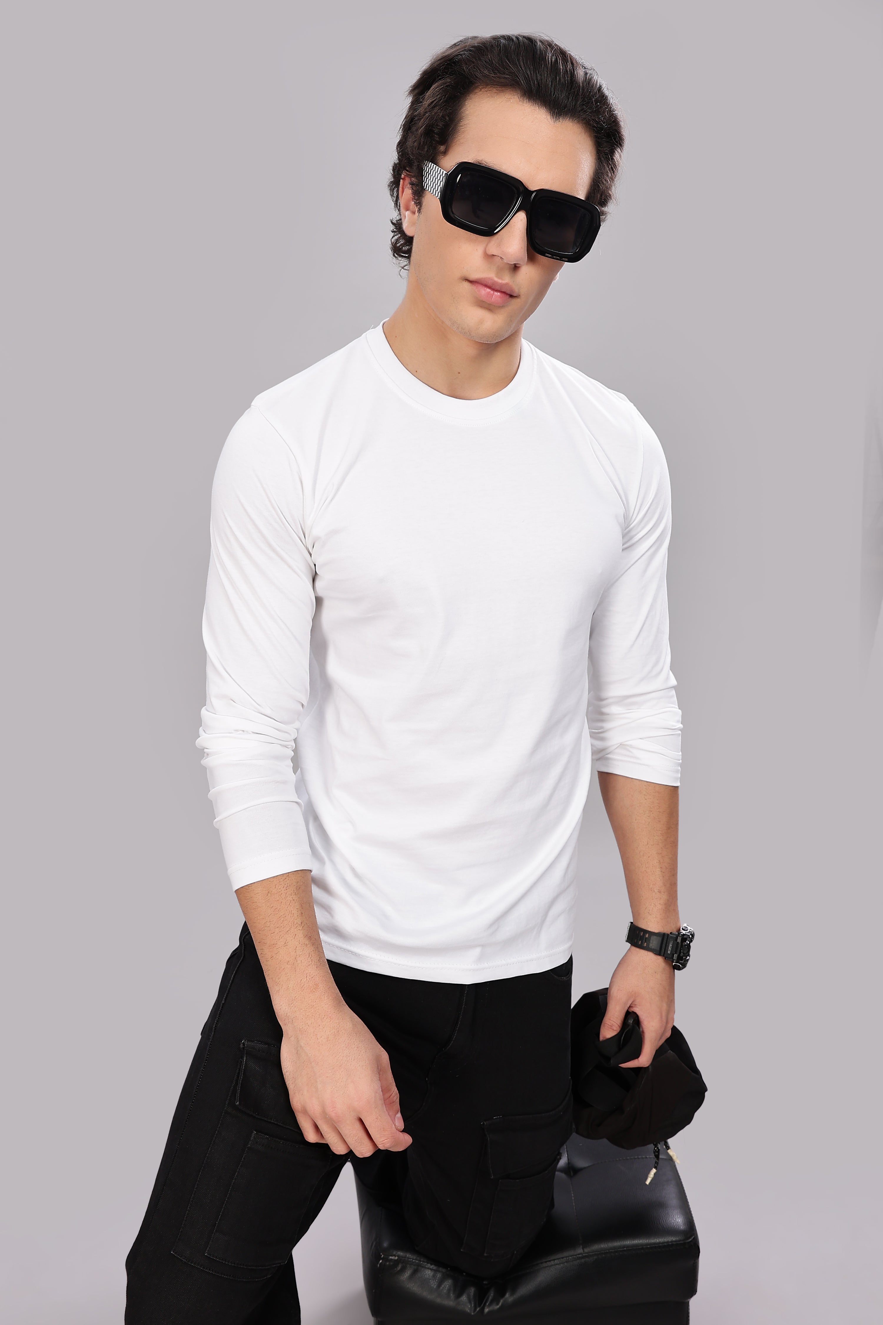 Milky White Long Sleeve Crew Neck T-Shirt