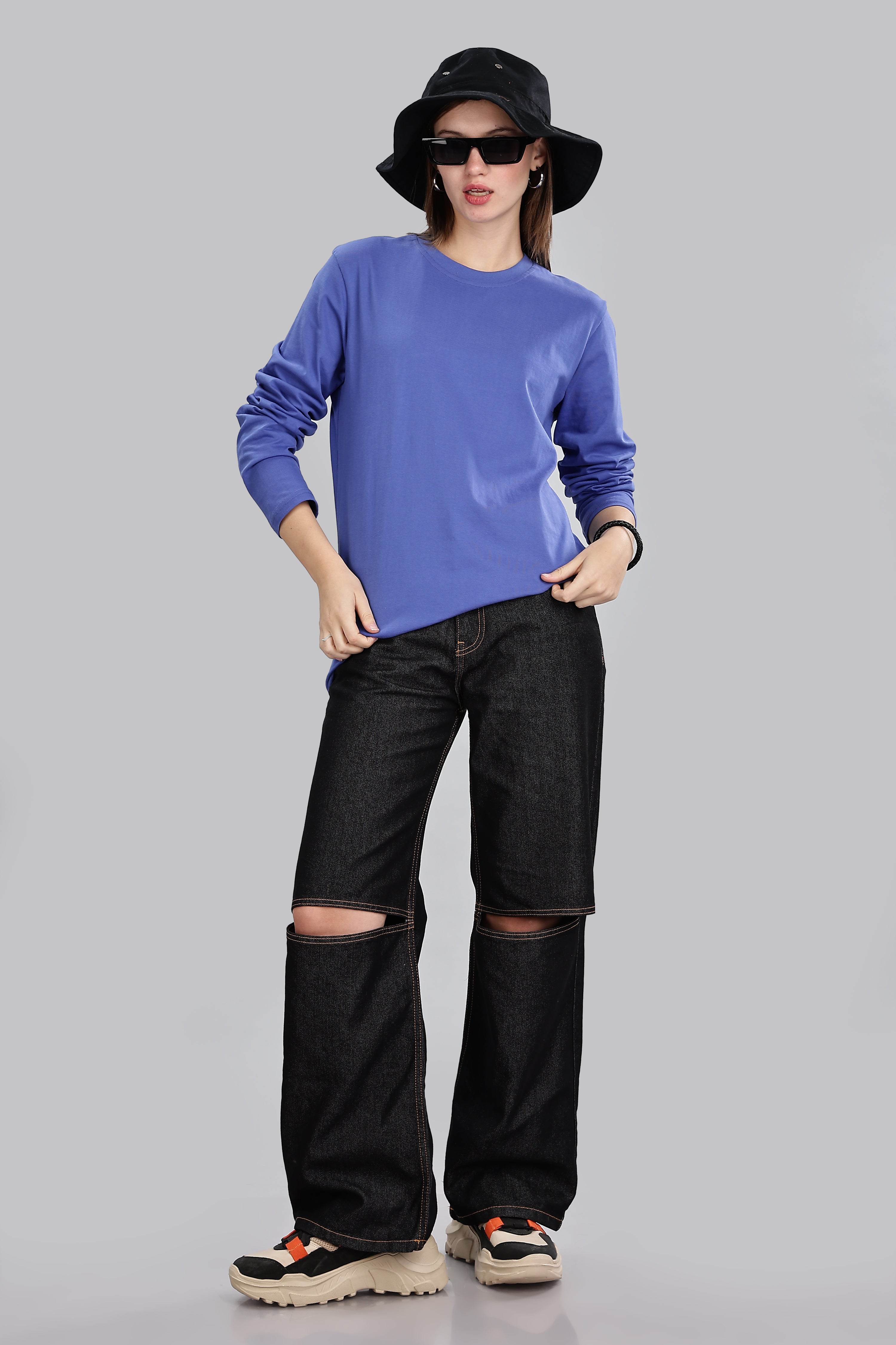 English Blue Long Sleeve Rounded Neck T-Shirt
