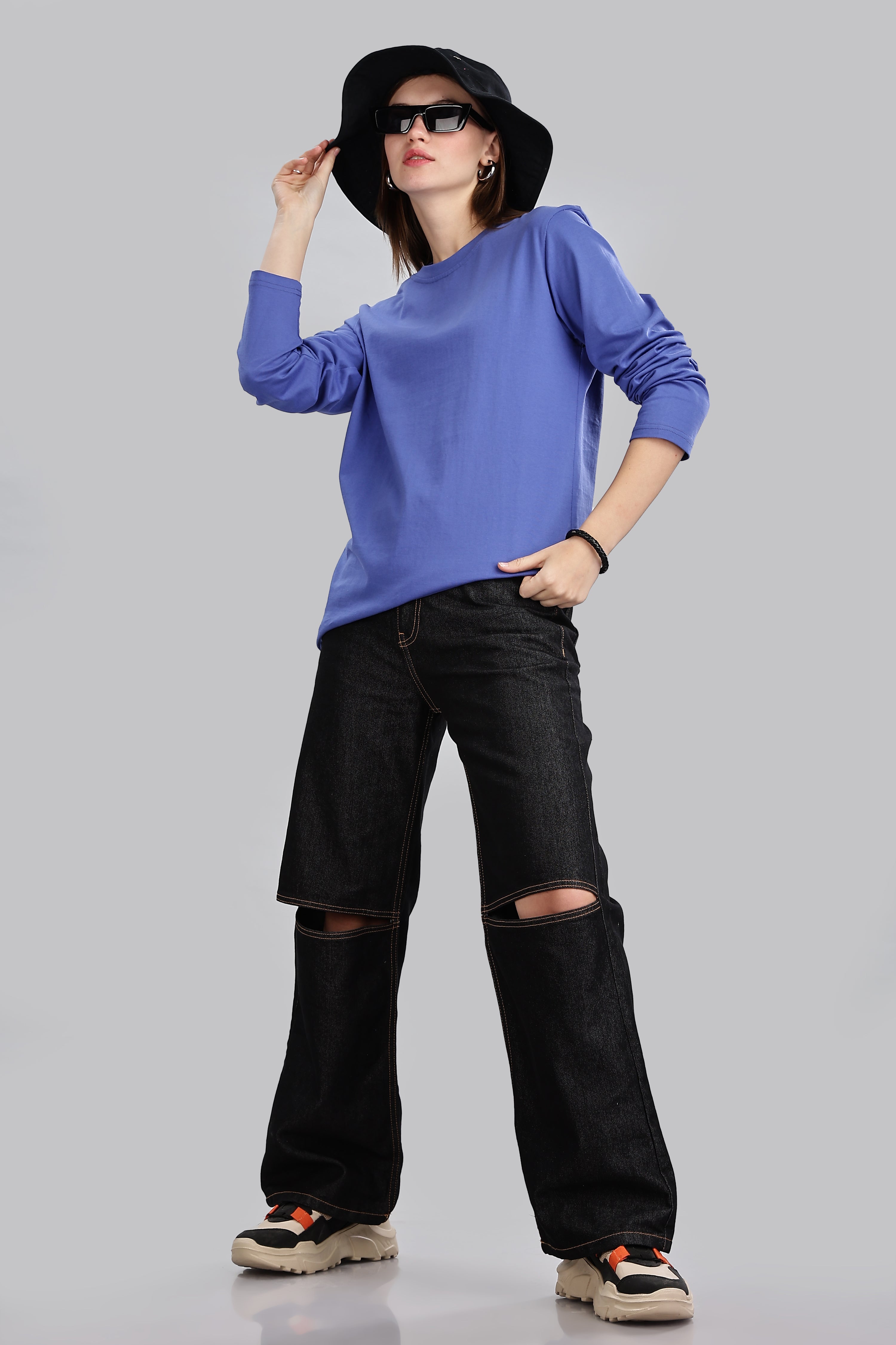 English Blue Long Sleeve Rounded Neck T-Shirt