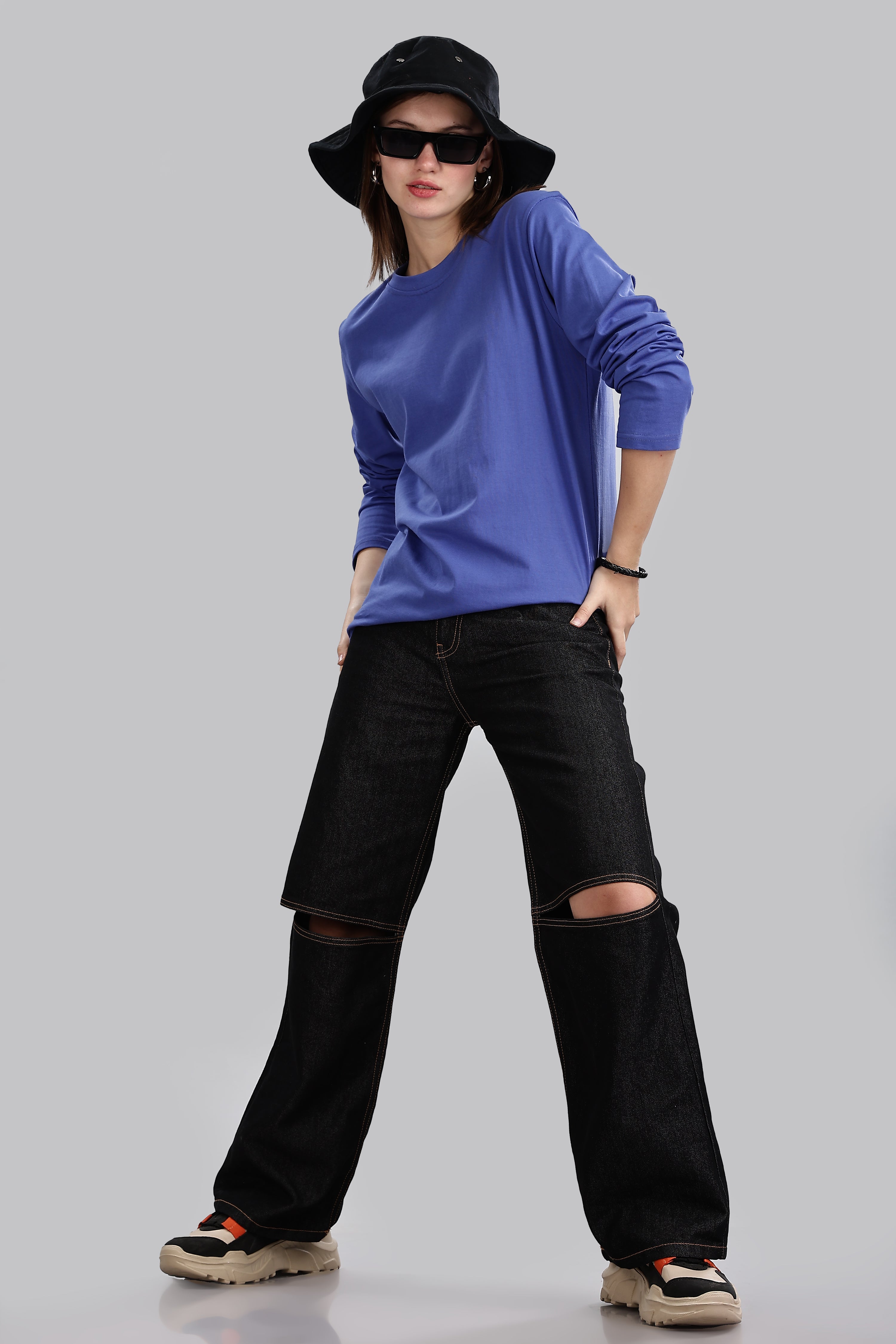 English Blue Long Sleeve Rounded Neck T-Shirt