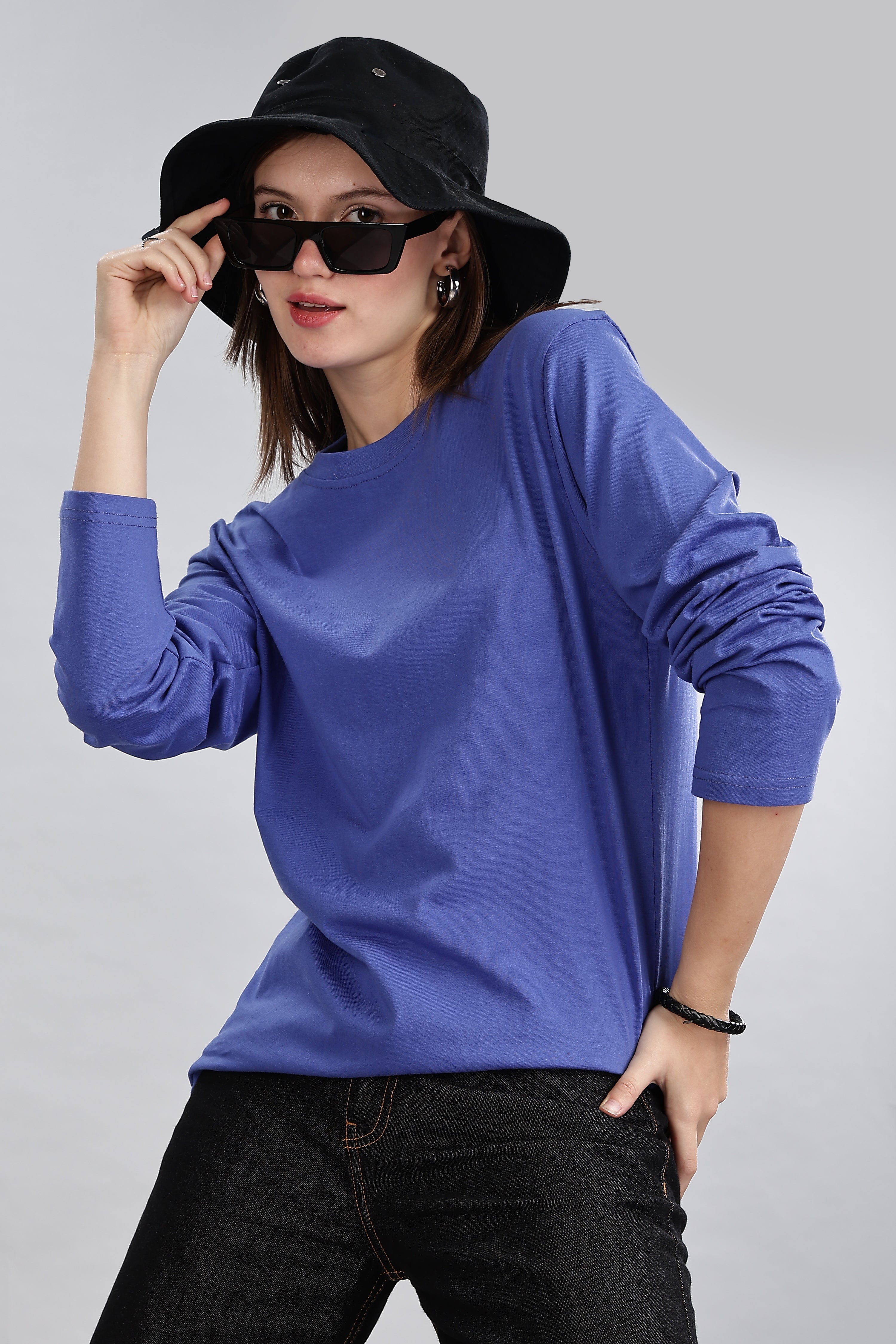 English Blue Long Sleeve Rounded Neck T-Shirt