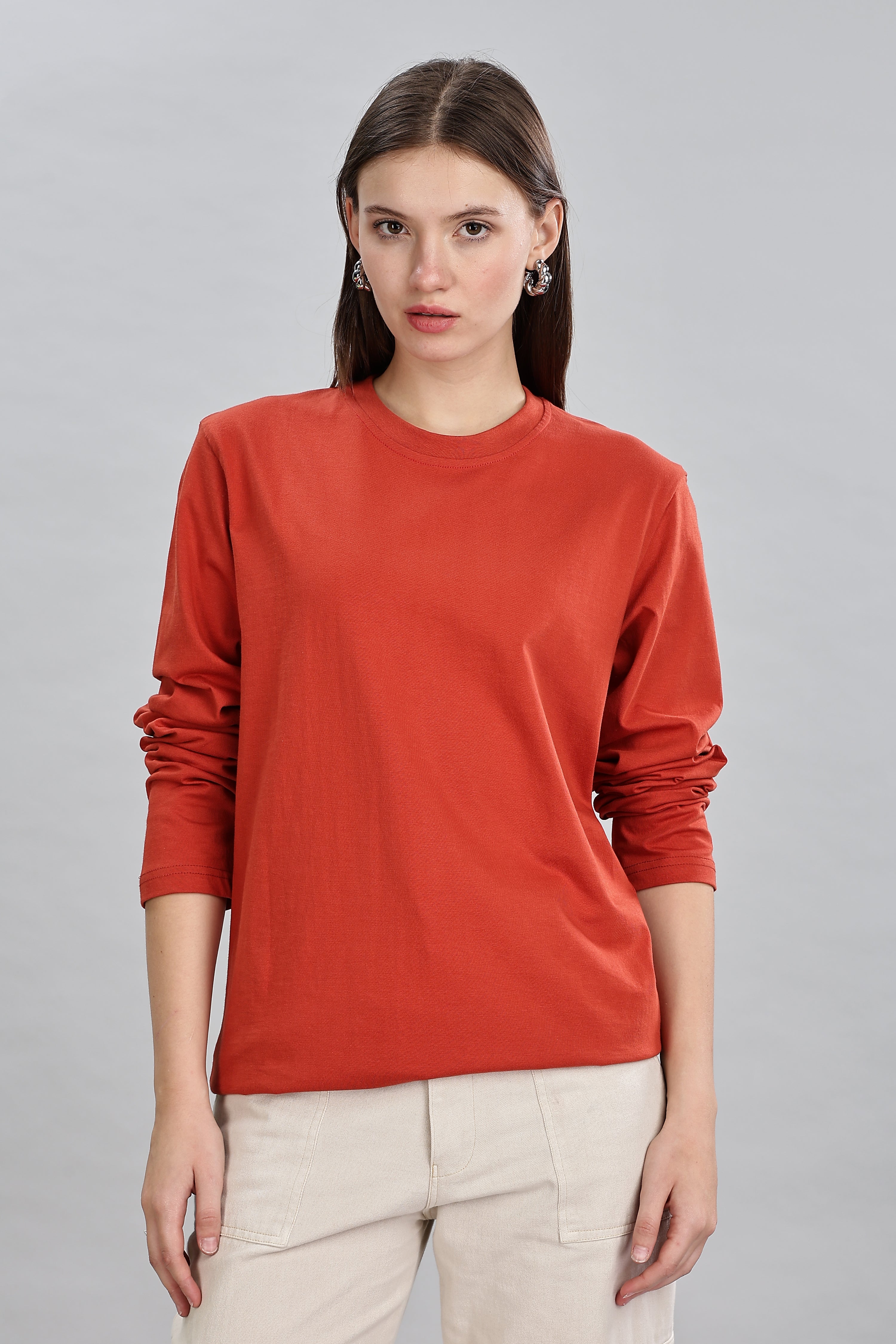 Rust Orange Long Sleeve Crew Neck T-Shirt