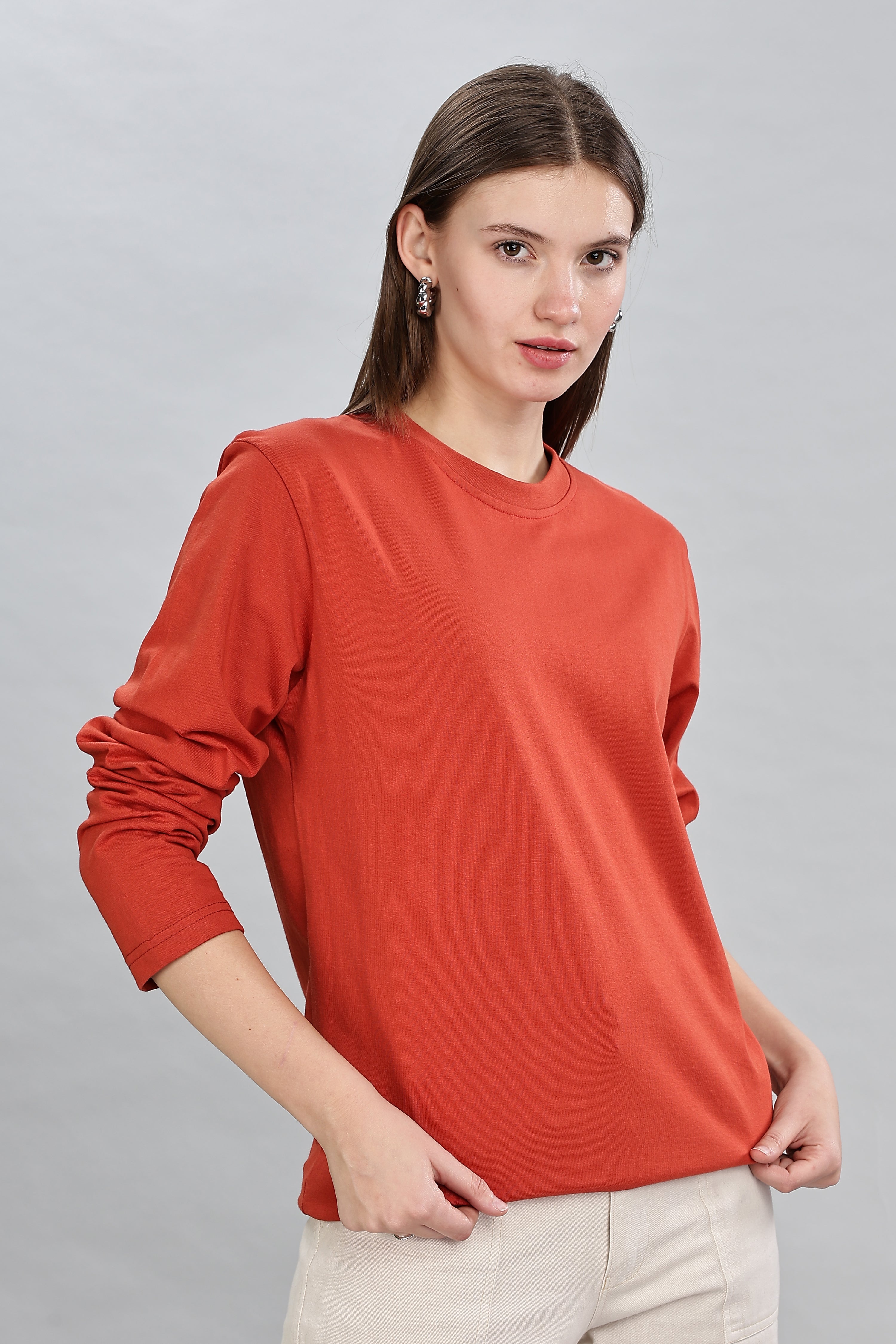 Rust Orange Long Sleeve Crew Neck T-Shirt