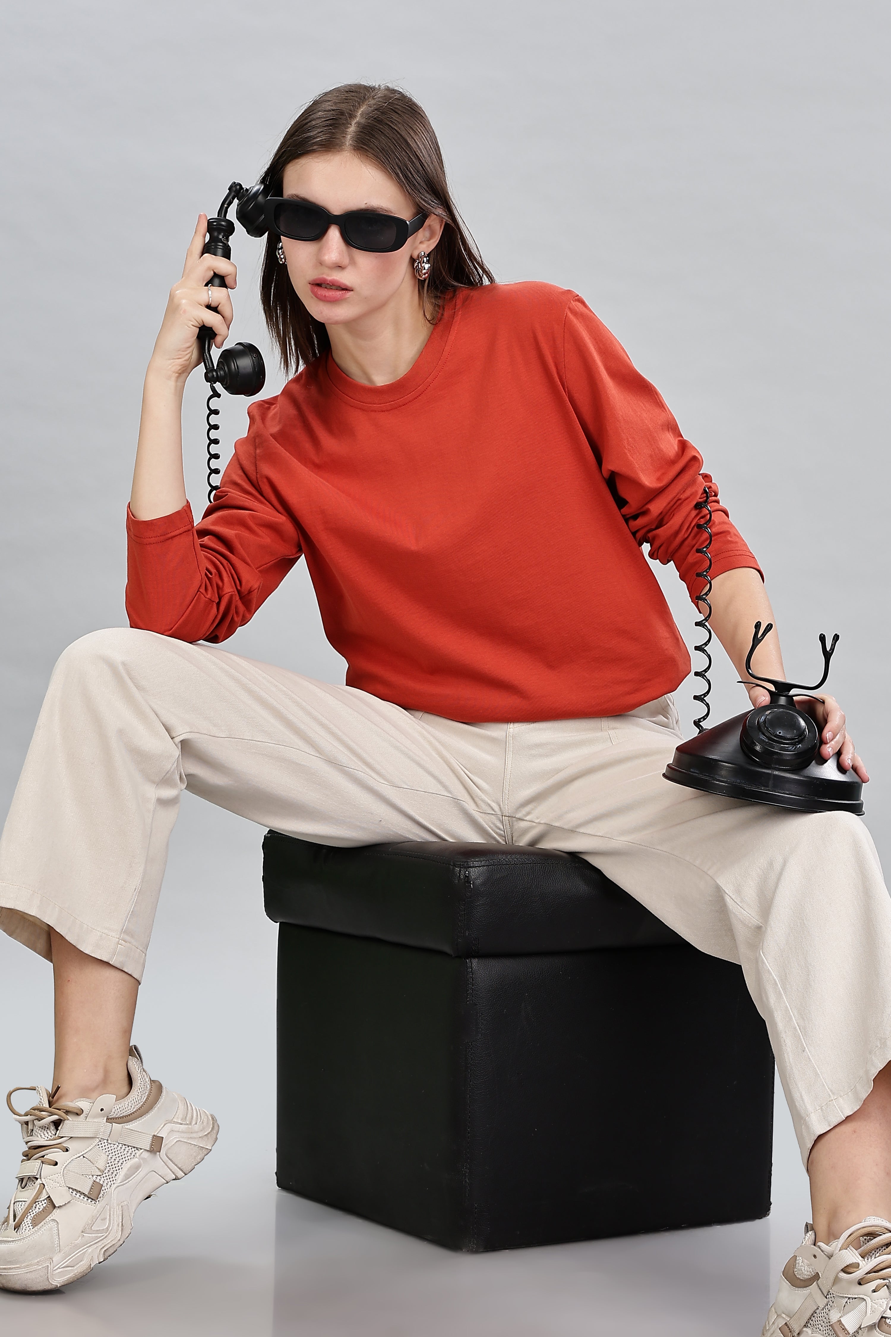 Rust Orange Long Sleeve Crew Neck T-Shirt