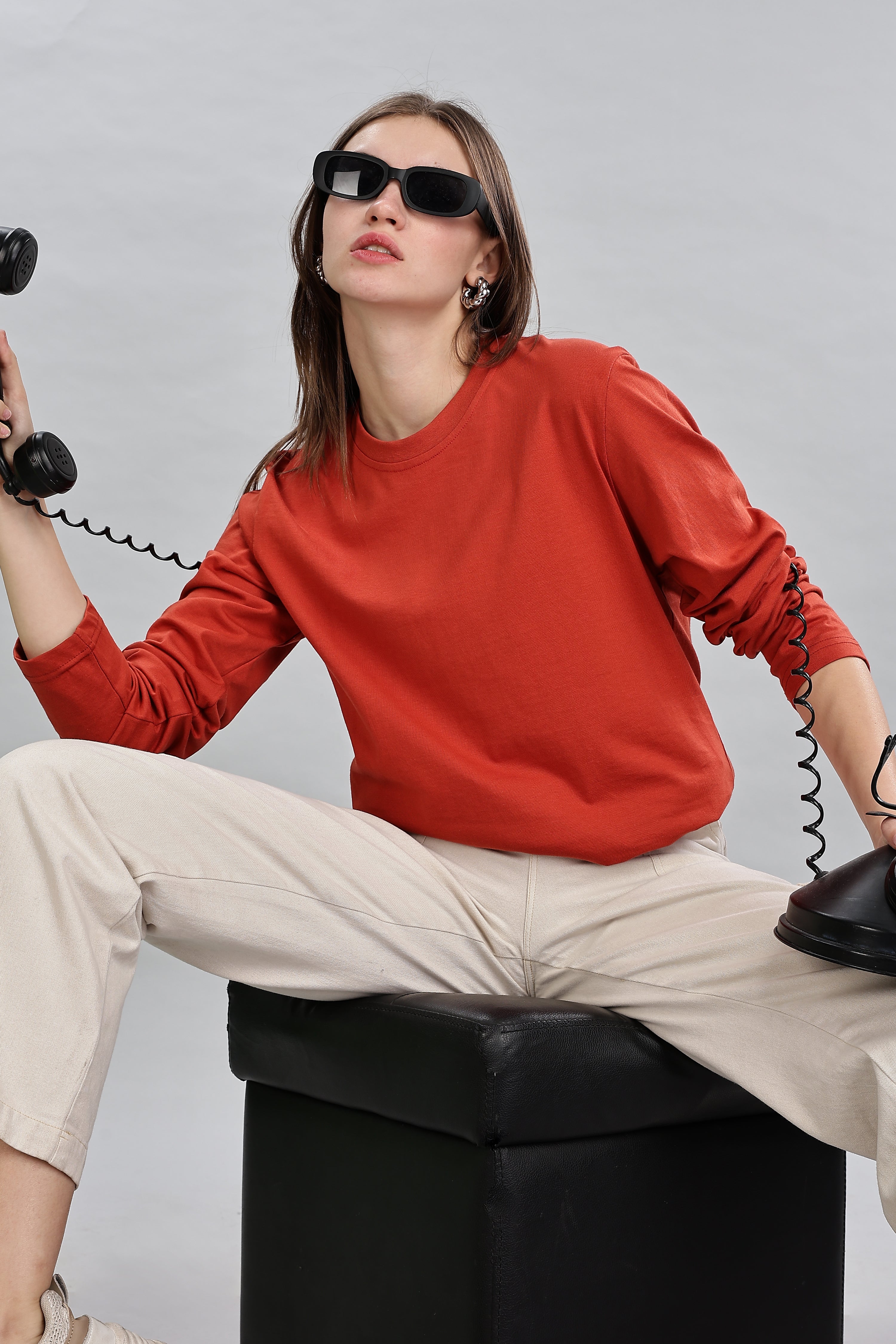 Rust Orange Long Sleeve Crew Neck T-Shirt