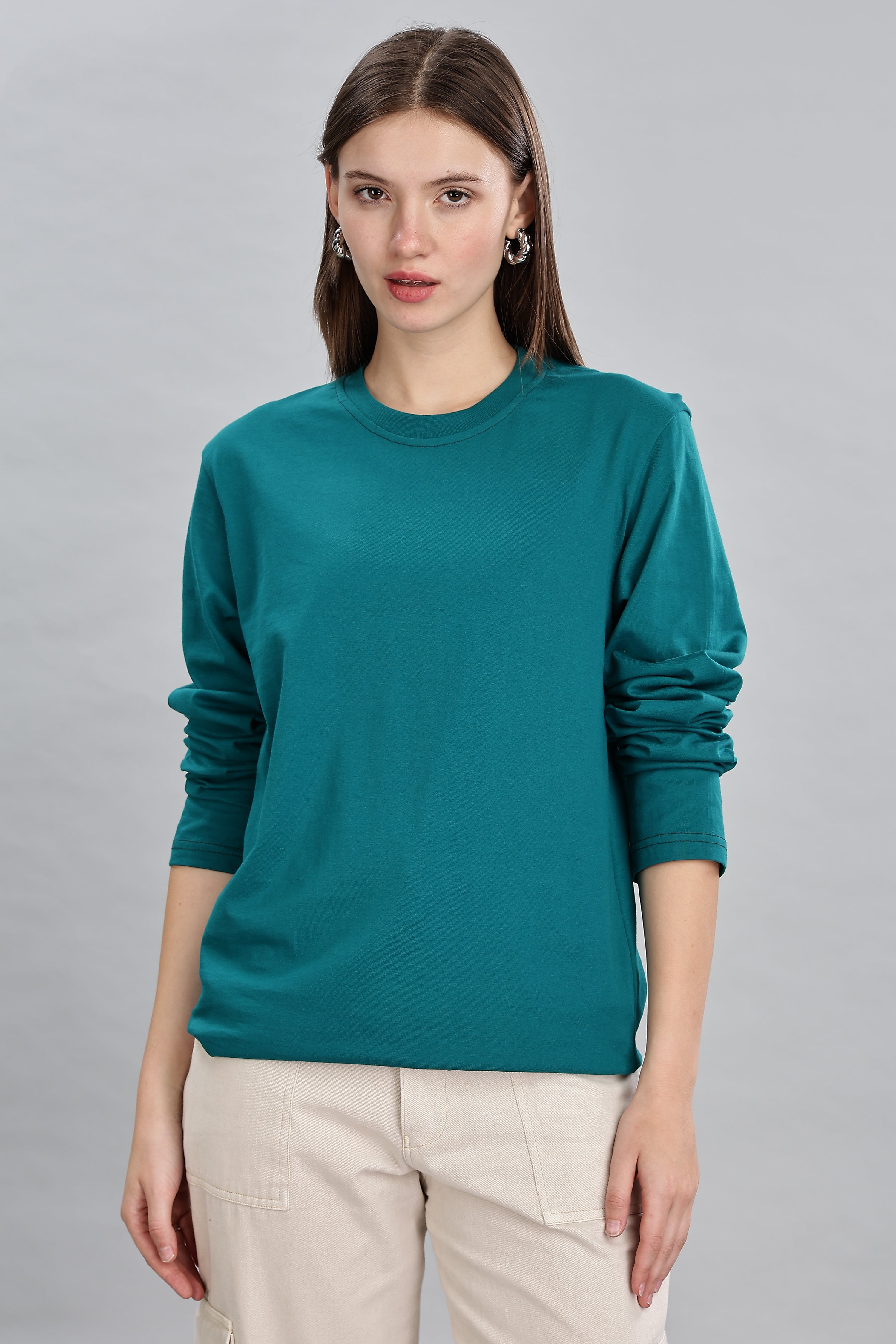 Peacock Blue Long Sleeve Crew Neck T-Shirt