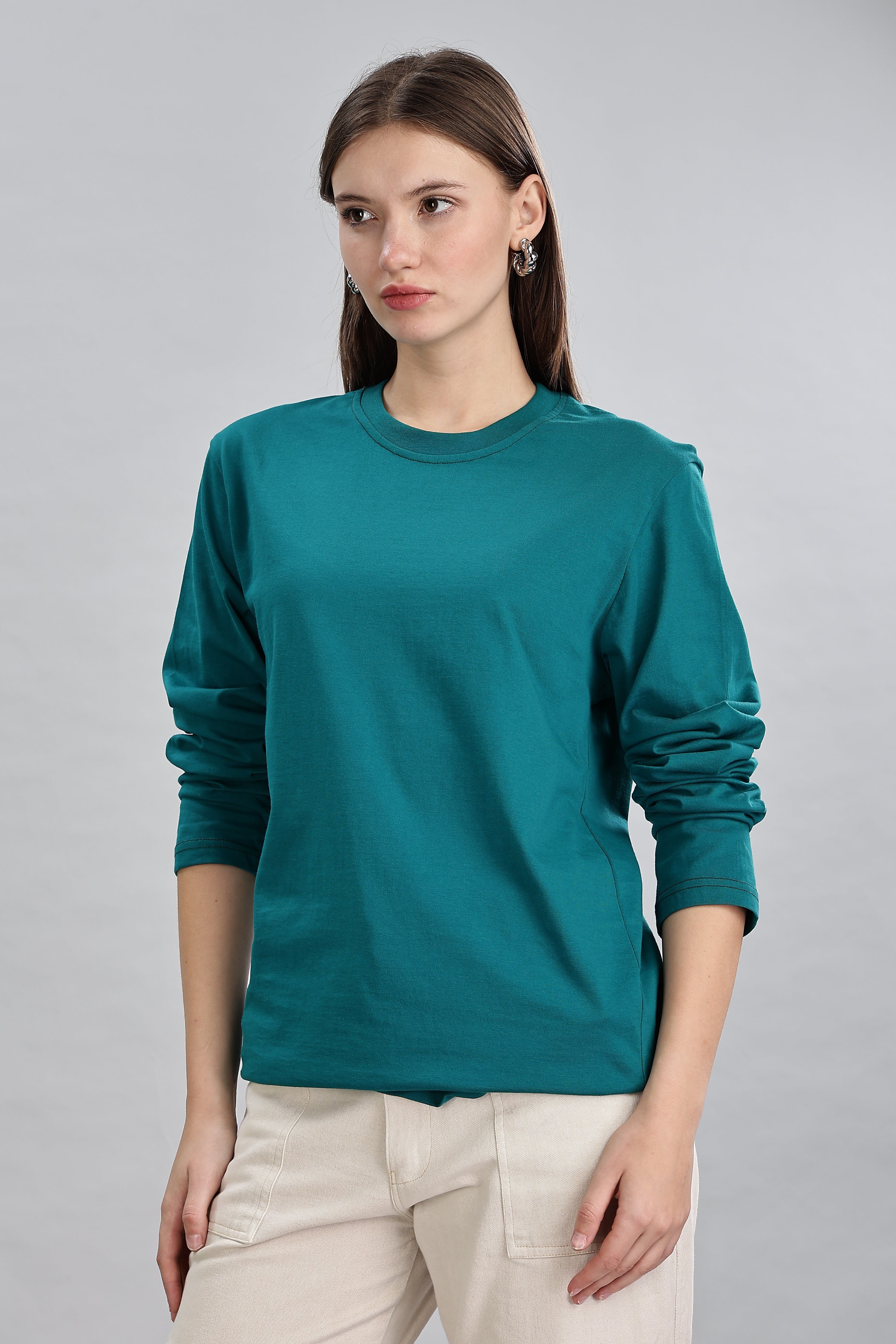 Peacock Blue Long Sleeve Crew Neck T-Shirt