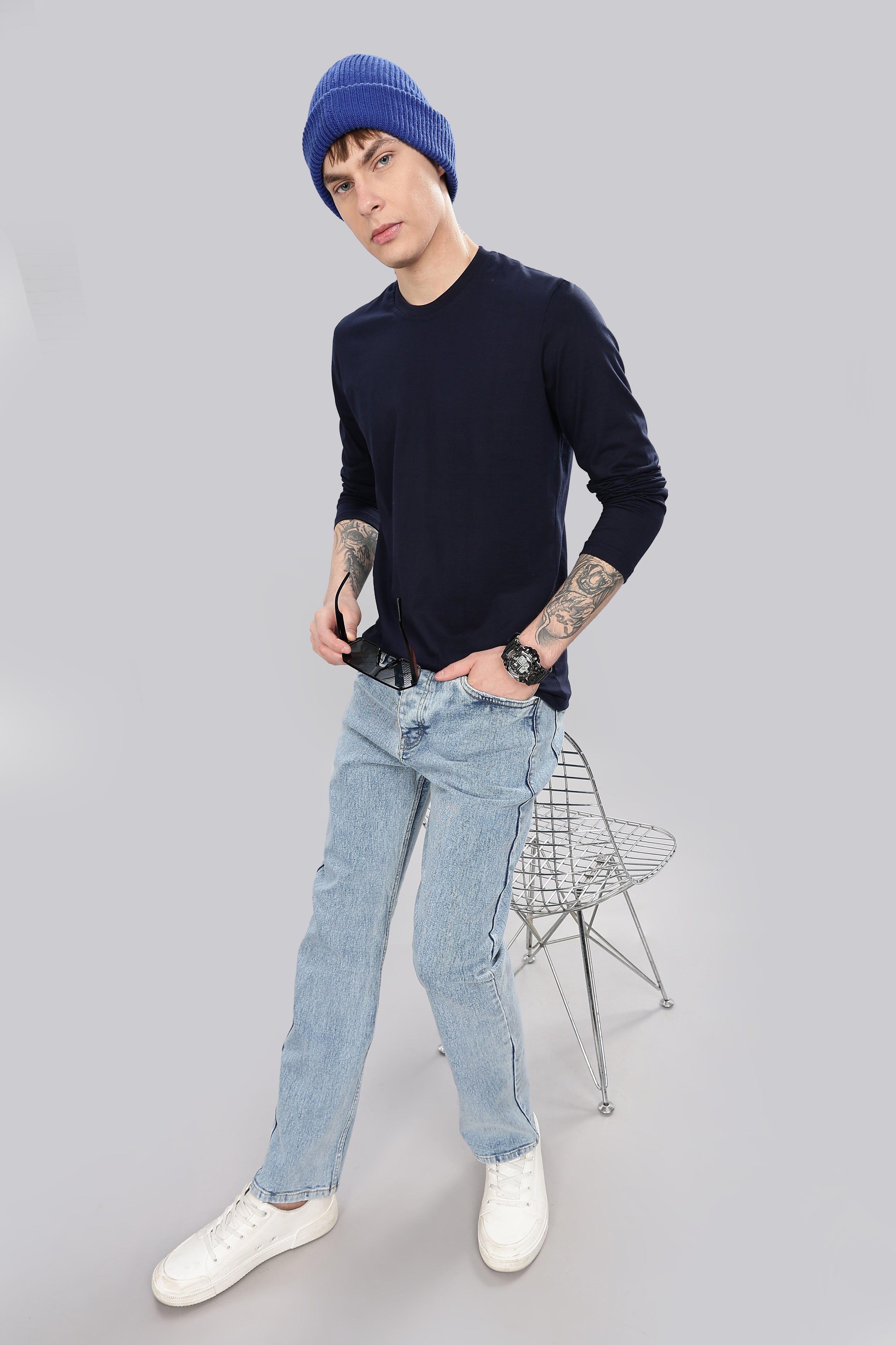 Navy Blue Long Sleeve Crew Neck T-Shirt