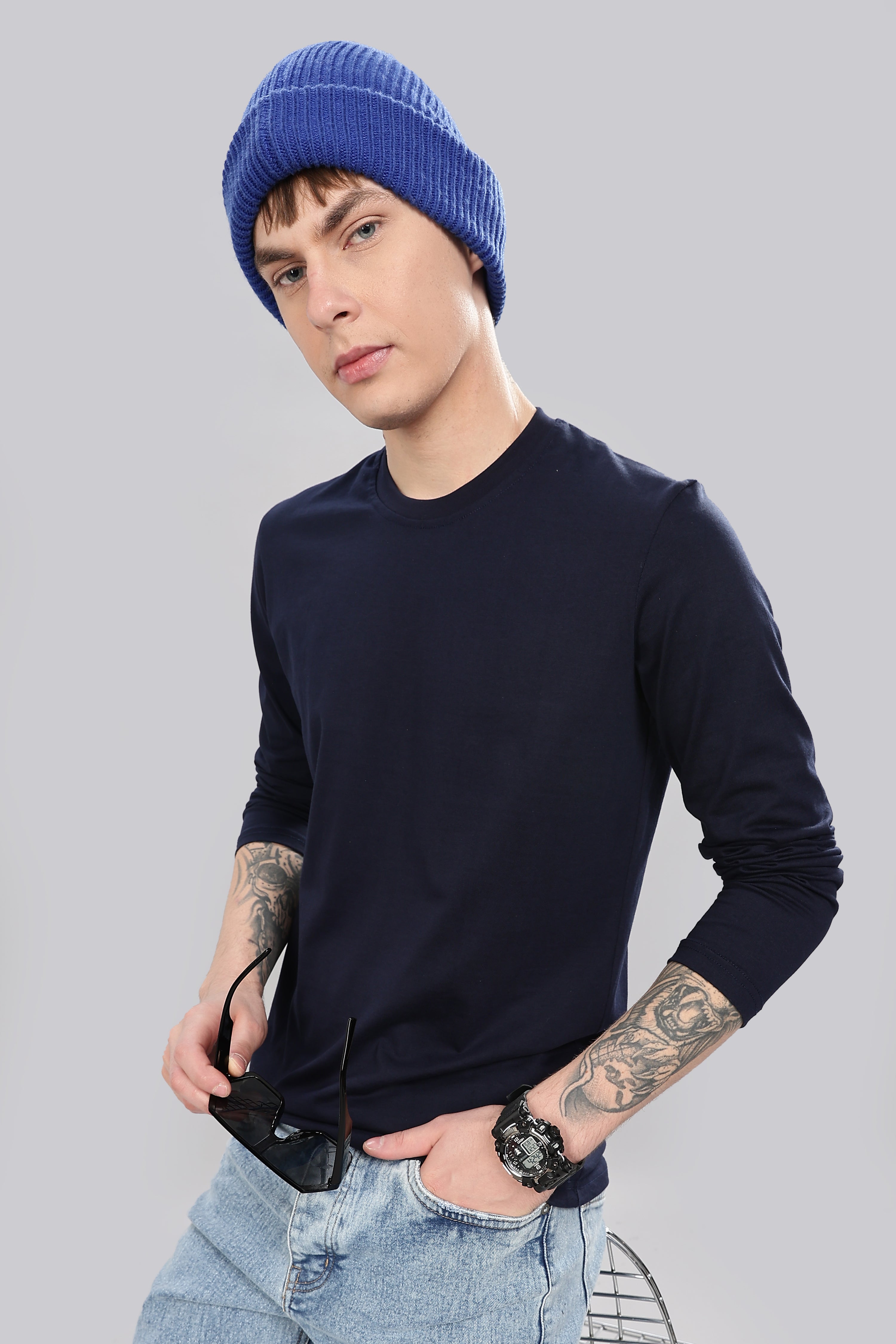 Navy Blue Long Sleeve Crew Neck T-Shirt