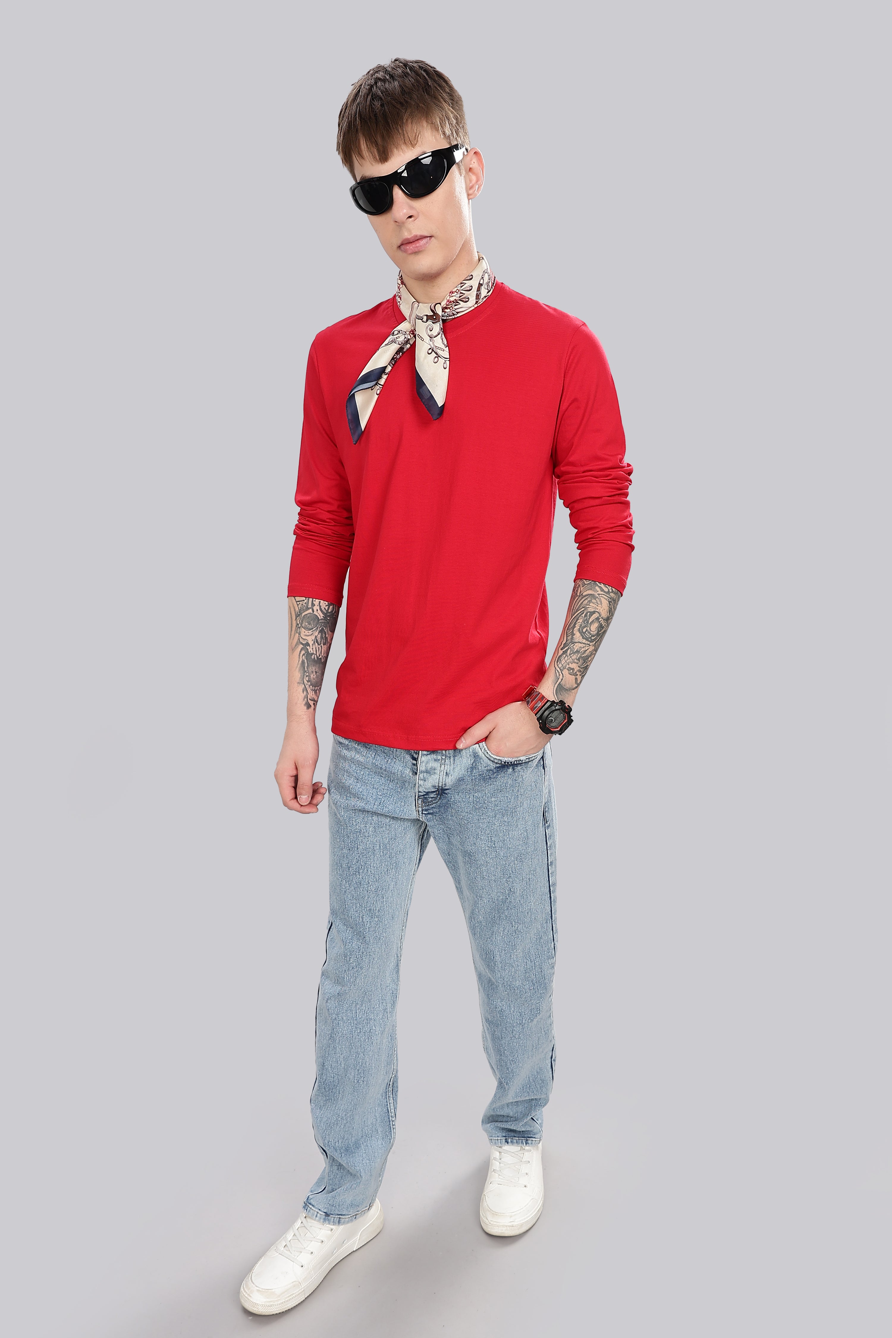 Classic Red Long Sleeve Crew Neck T-Shirt