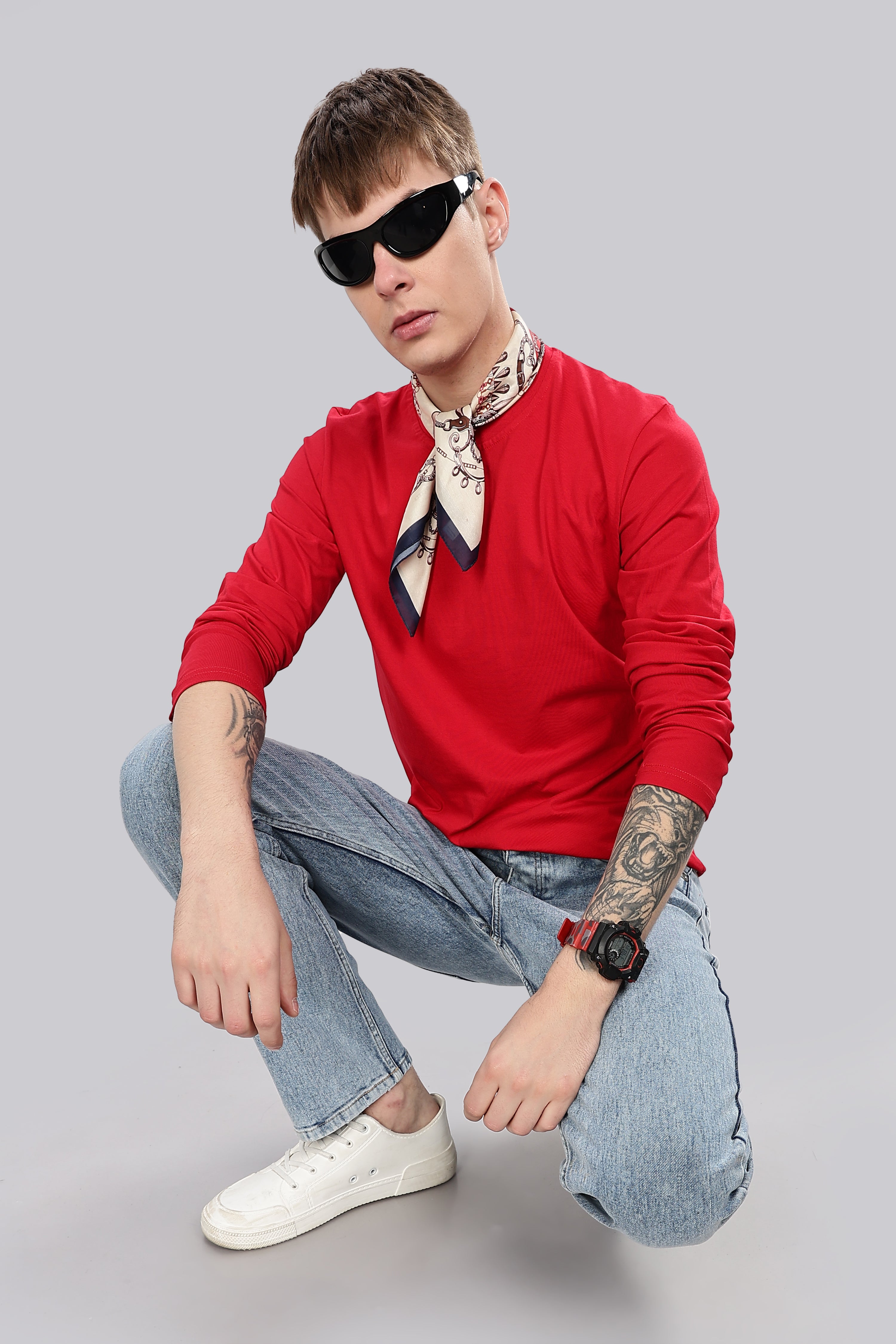 Classic Red Long Sleeve Crew Neck T-Shirt